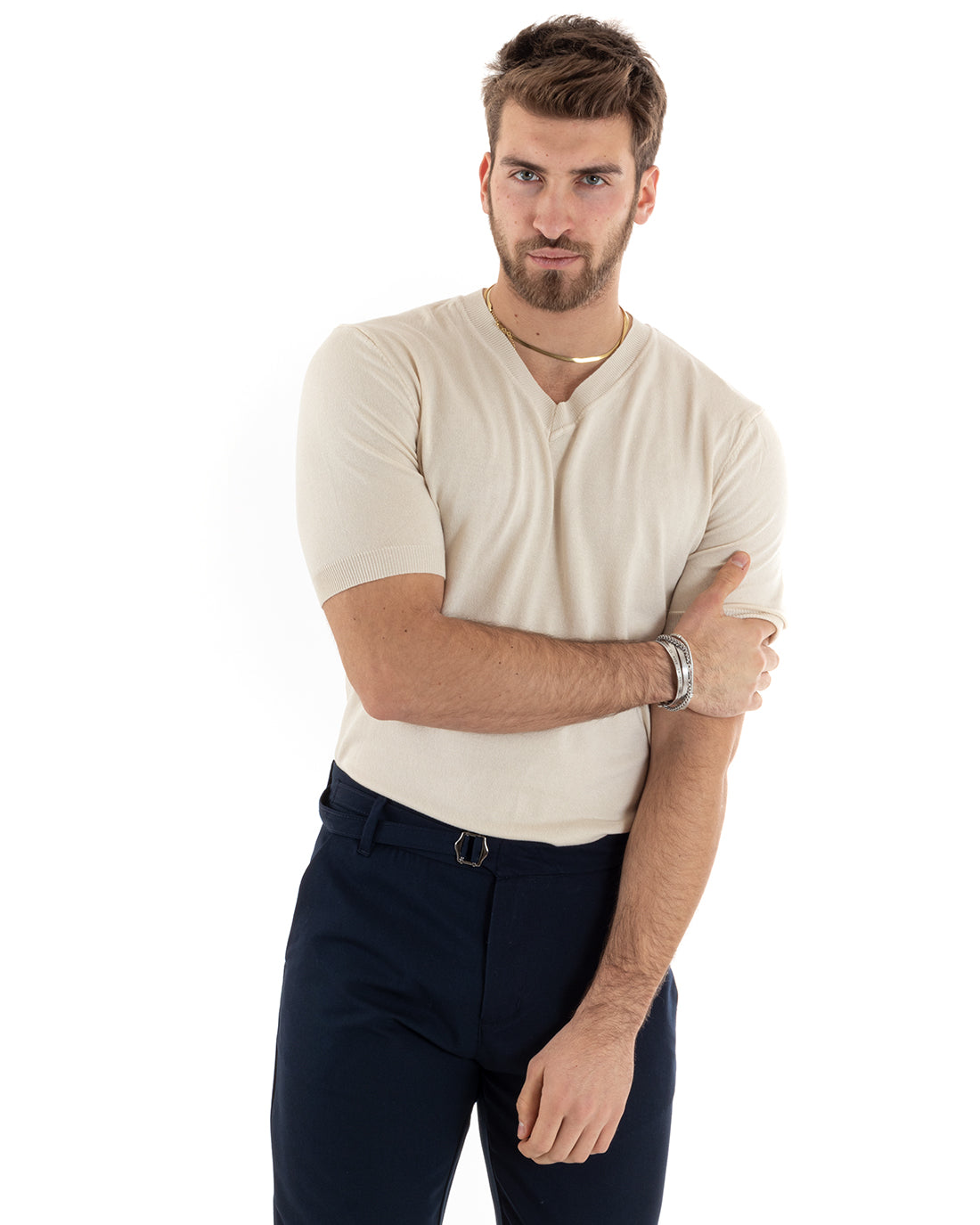 T-shirt Uomo Filo Maniche Corte Tinta Unita Beige Scollo a V Casual GIOSAL-TS2871A