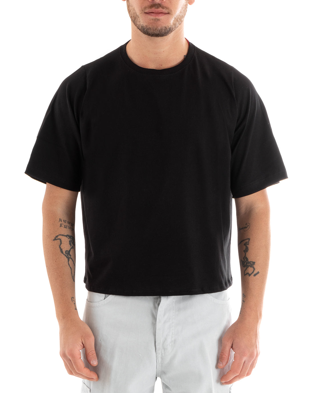 T-shirt Uomo Cropped Oversize Boxy Fit Tinta Unita Corta Nera Casual GIOSAL-TS2879A