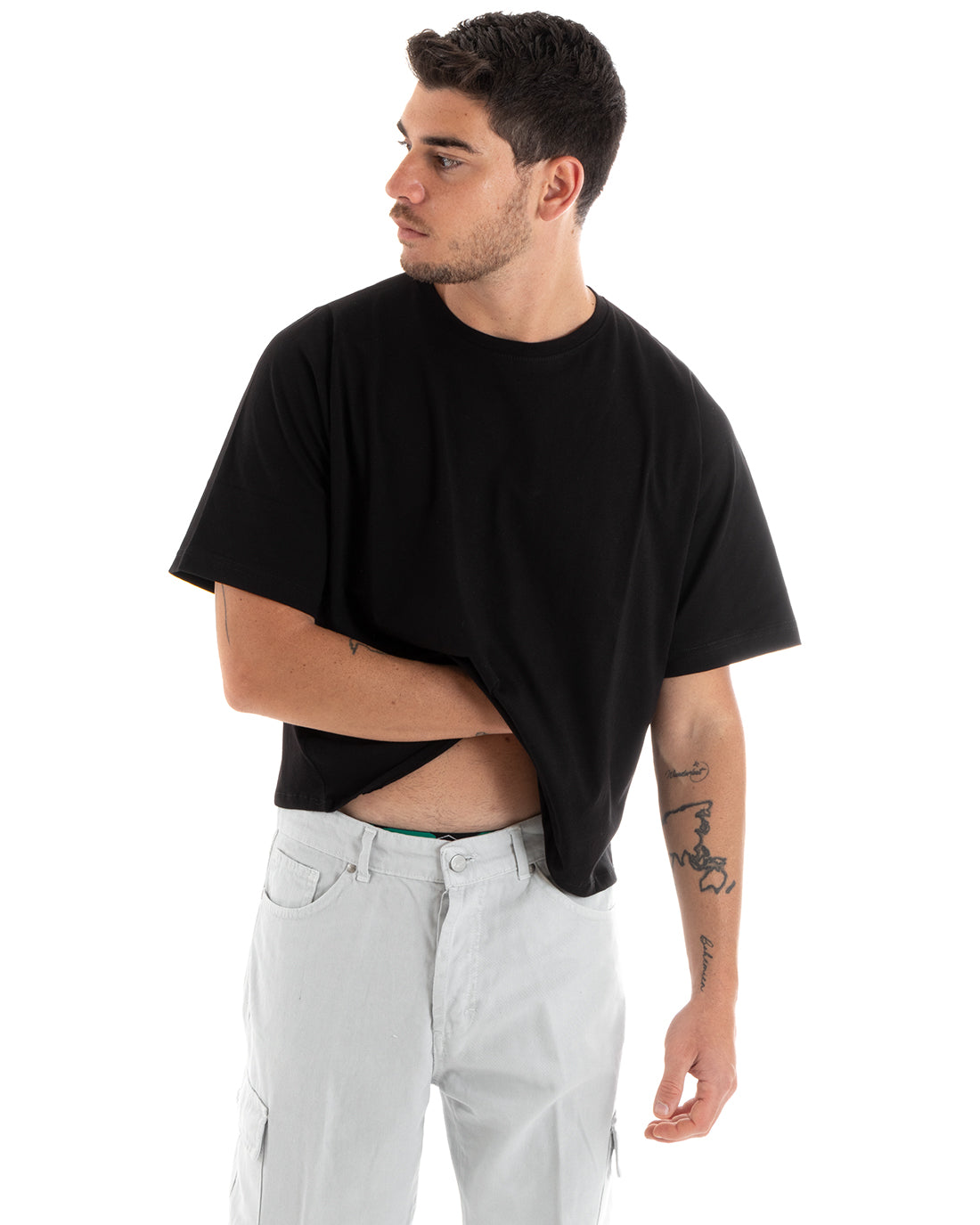 T-shirt Uomo Cropped Oversize Boxy Fit Tinta Unita Corta Nera Casual GIOSAL-TS2879A