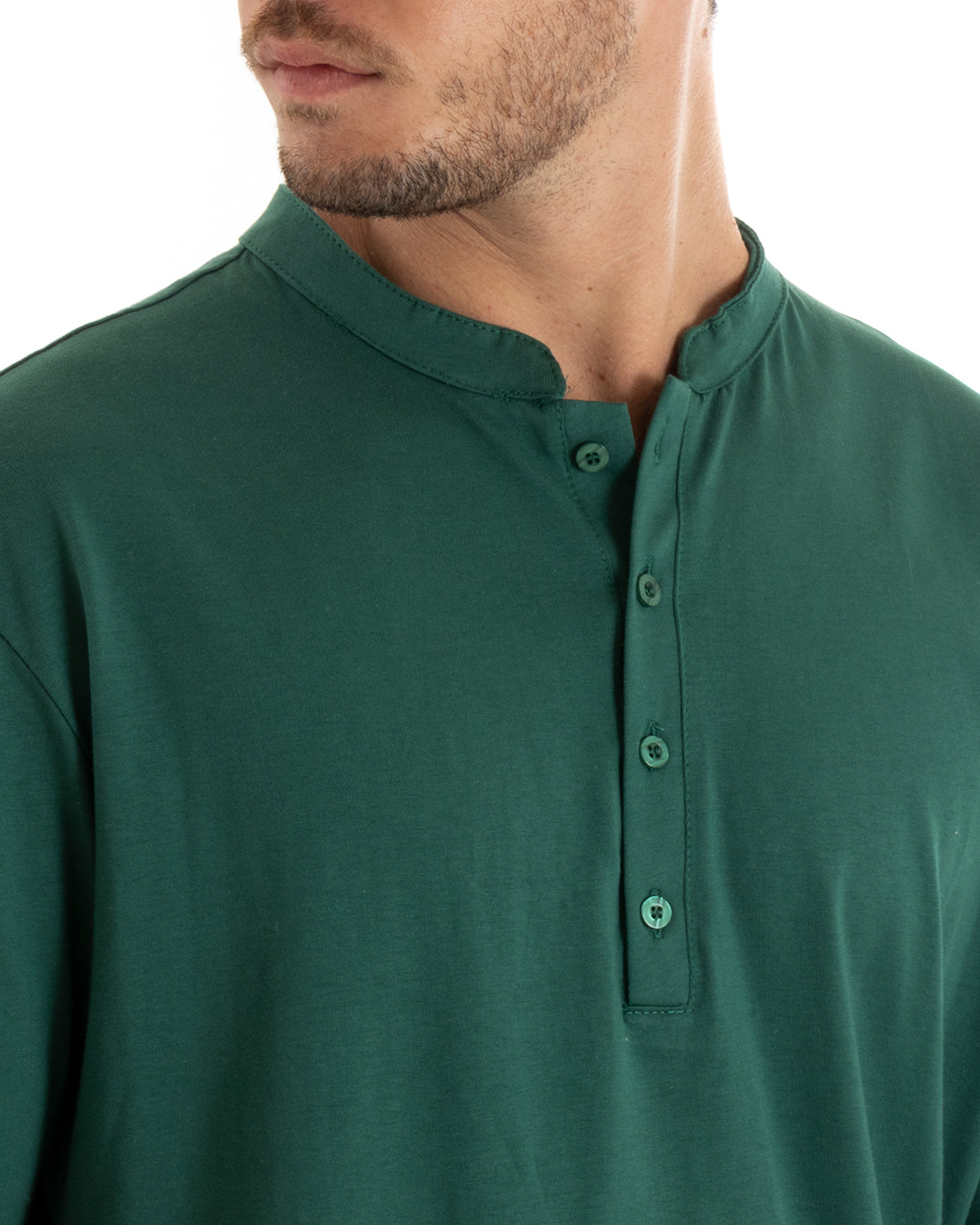 T-shirt Uomo Collo Bottoni Tinta Unita Verde Manica Corta Bianca Casual GIOSAL-TS2886A