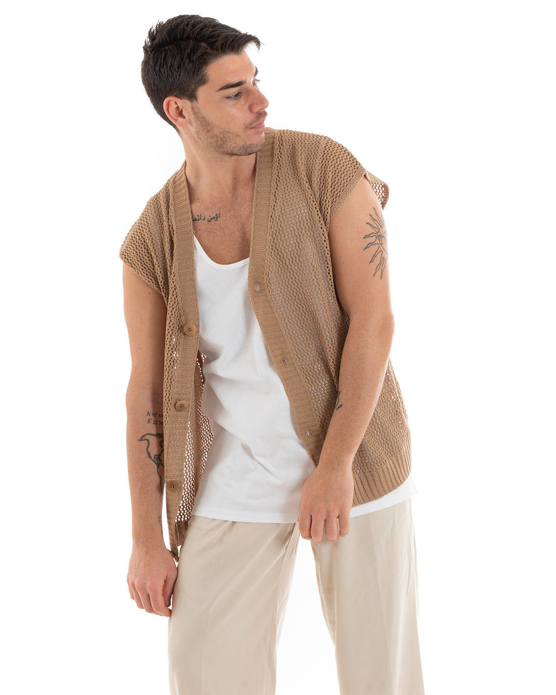 T-shirt Uomo Maglia Traforata Cardigan Con Bottoni Tinta Unita Camel Casual GIOSAL-TS2897A