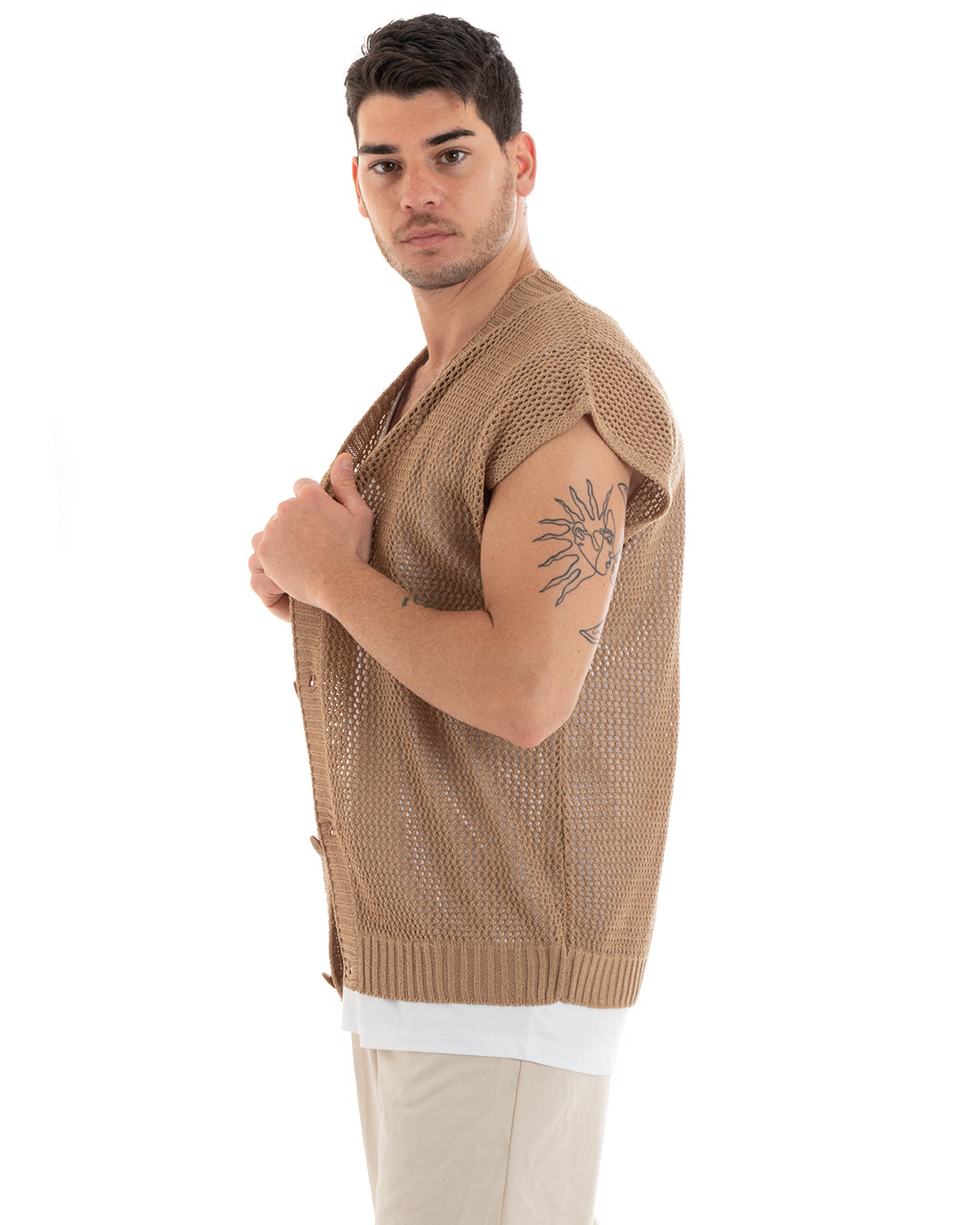 T-shirt Uomo Maglia Traforata Cardigan Con Bottoni Tinta Unita Camel Casual GIOSAL-TS2897A