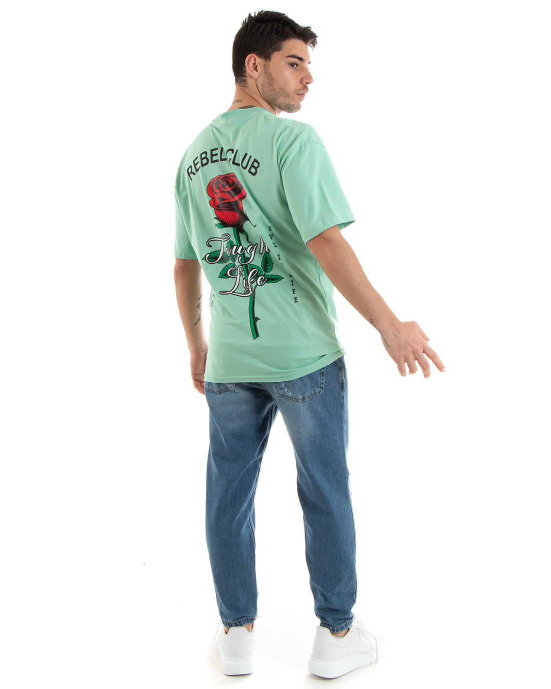 T-Shirt Uomo Con Stampa Maglia Manica Corta Girocollo Cotone Verde Acqua GIOSAL - TS2906A