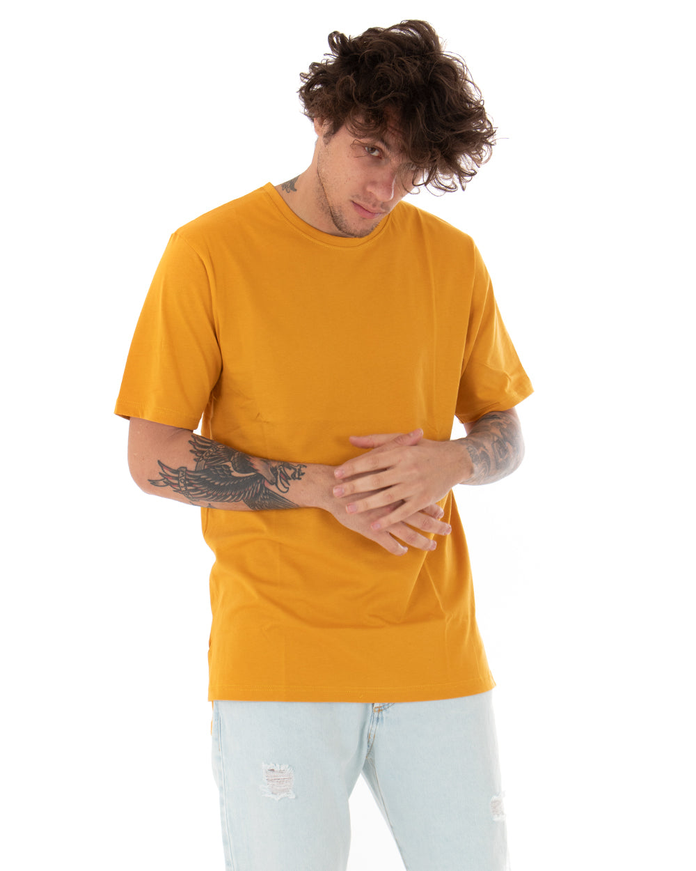 T-shirt Uomo Basic Tinta Unita Senape Girocollo Manica Corta Casual Spacchi GIOSAL-TS2937A