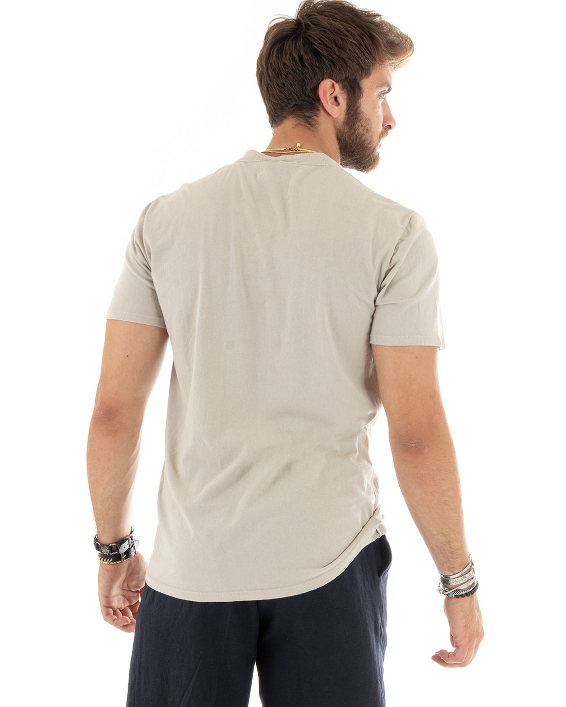 T-shirt Uomo Collo Serafino Bottoni Tinta Unita Maniche Corte Cotone Beige Casual GIOSAL-TS2958A