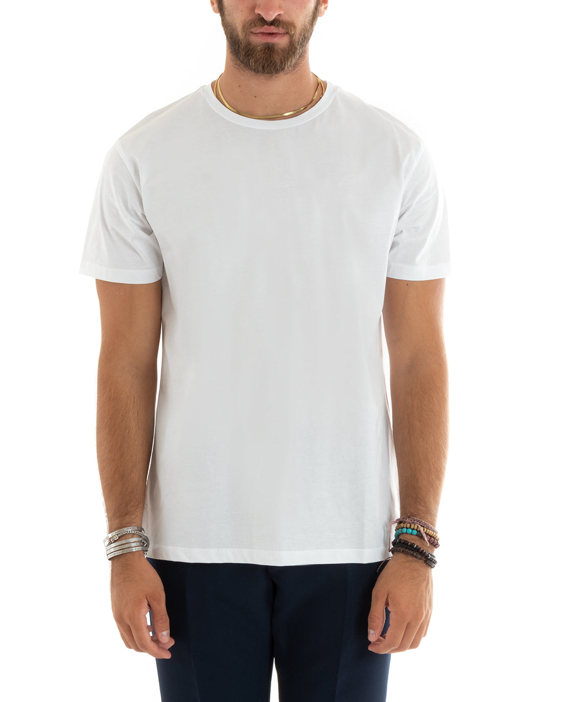 T-shirt Uomo Filo Di Scozia Basic Leggera Tinta Unita Bianco Girocollo Casual GIOSAL-TS2976A