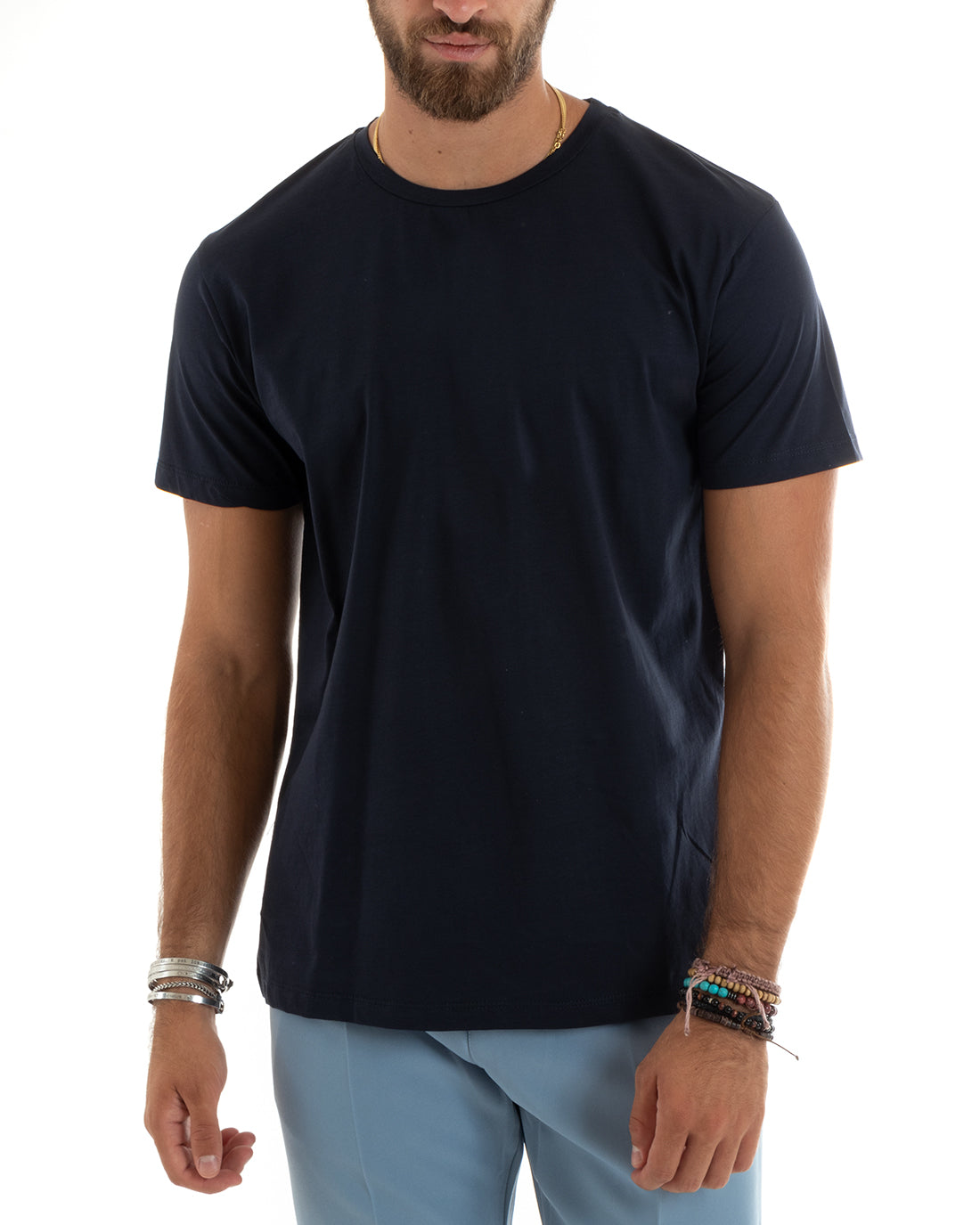 T-shirt Uomo Filo Di Scozia Basic Leggera Tinta Unita Blu Girocollo Casual GIOSAL-TS2977A