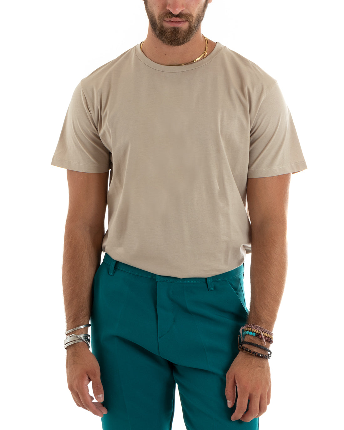 T-shirt Uomo Filo Di Scozia Basic Leggera Tinta Unita Beige Girocollo Casual GIOSAL-TS2978A