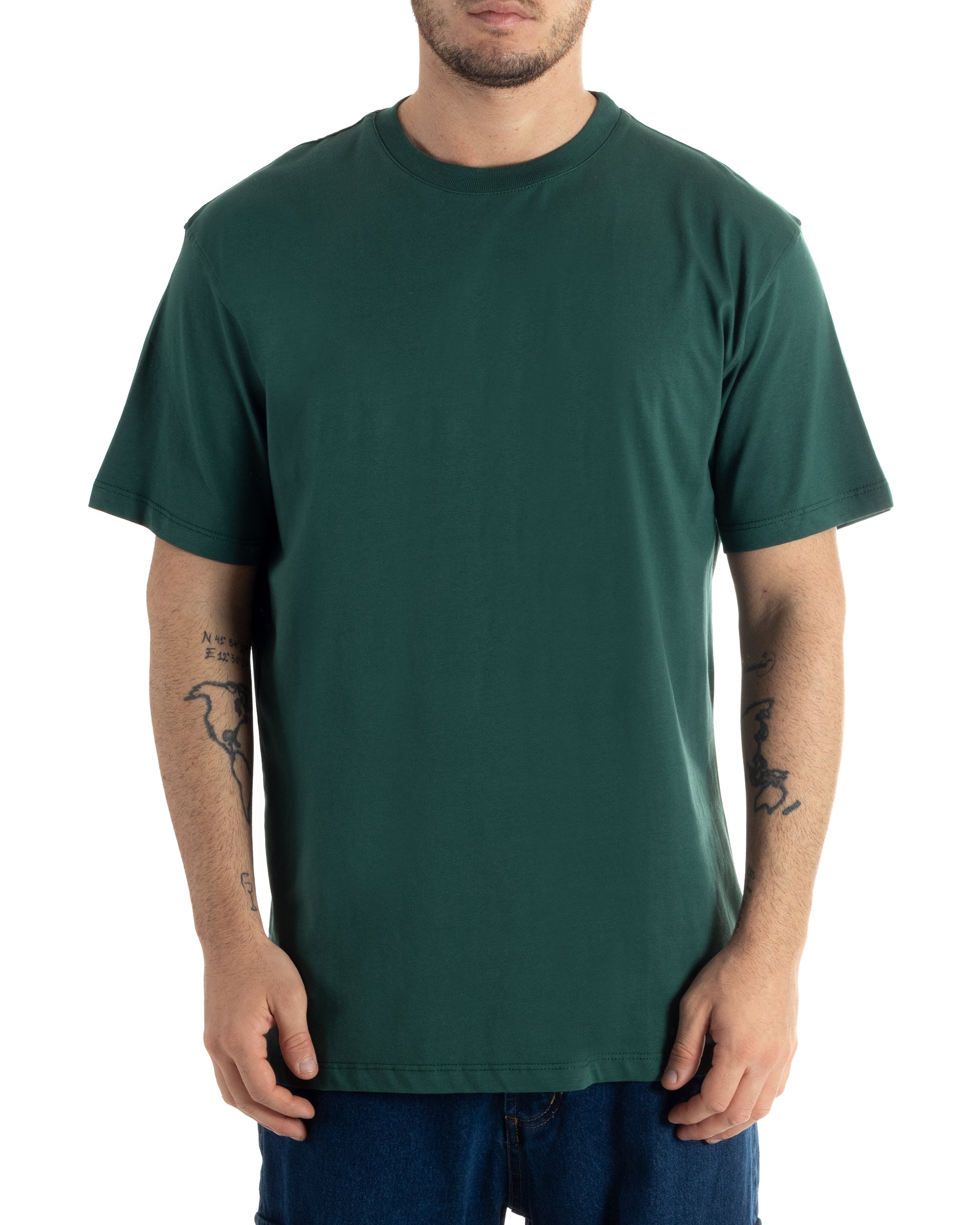 T-shirt Uomo Cotone Basic Tinta Unita Verde Girocollo Casual Gola Alta GIOSAL-TS2980A