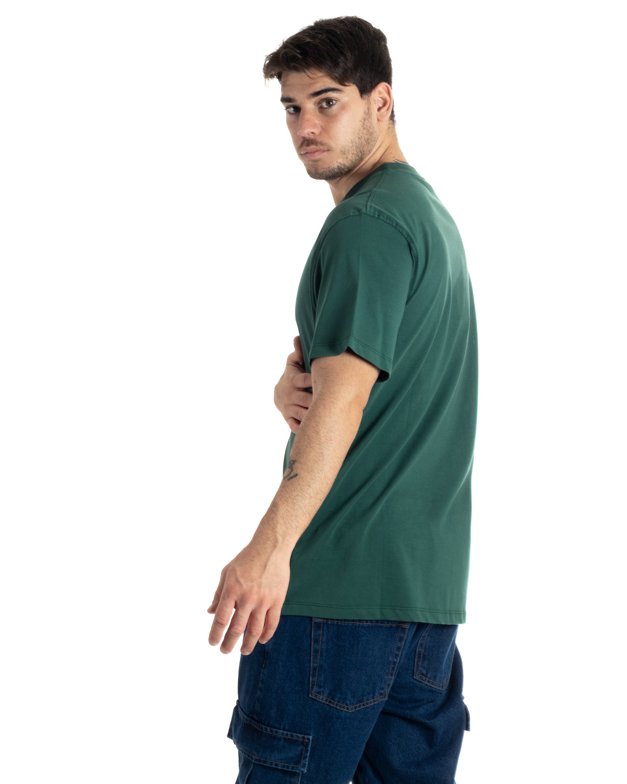 T-shirt Uomo Cotone Basic Tinta Unita Verde Girocollo Casual Gola Alta GIOSAL-TS2980A