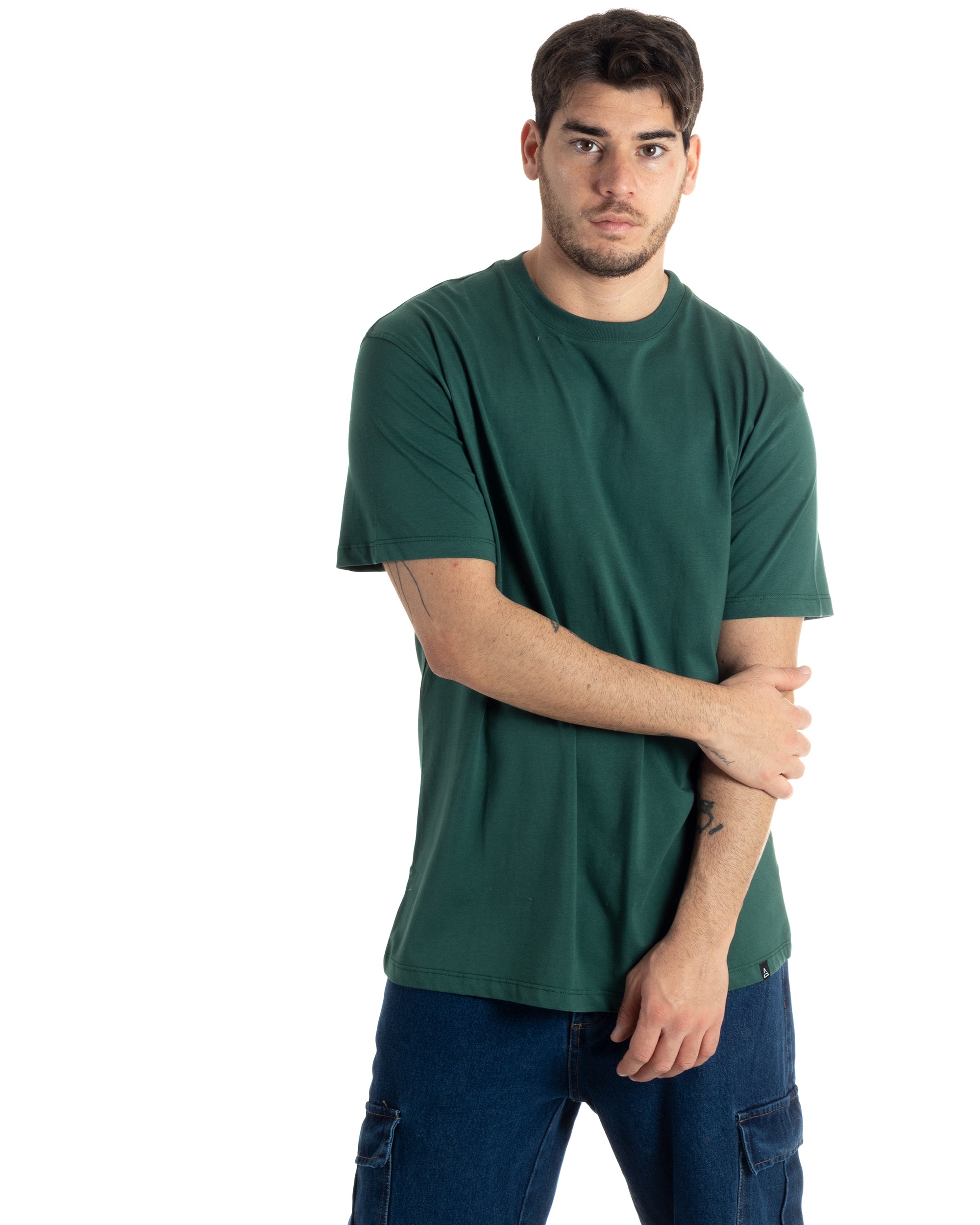 T-shirt Uomo Cotone Basic Tinta Unita Verde Girocollo Casual Gola Alta GIOSAL-TS2980A