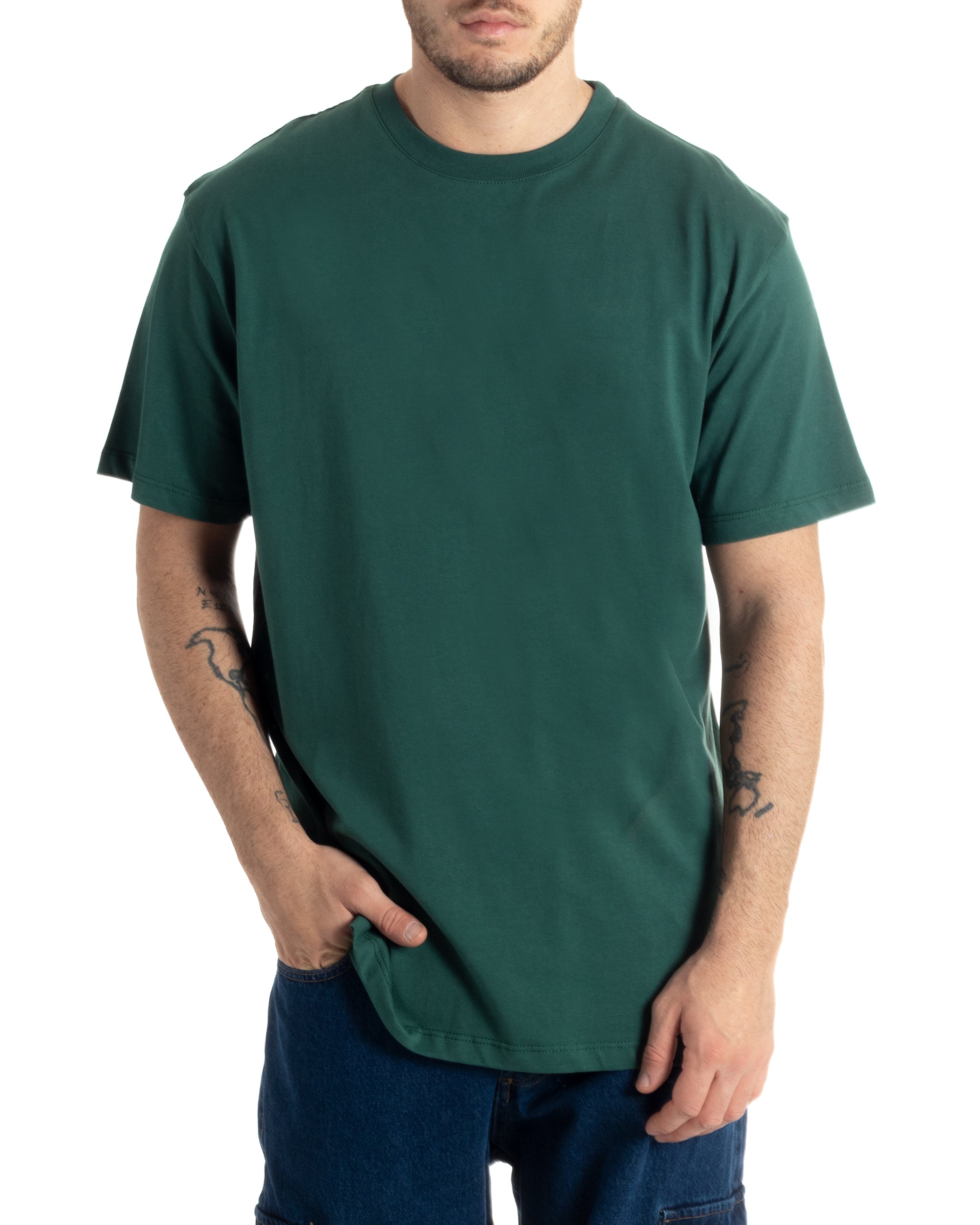 T-shirt Uomo Cotone Basic Tinta Unita Verde Girocollo Casual Gola Alta GIOSAL-TS2980A