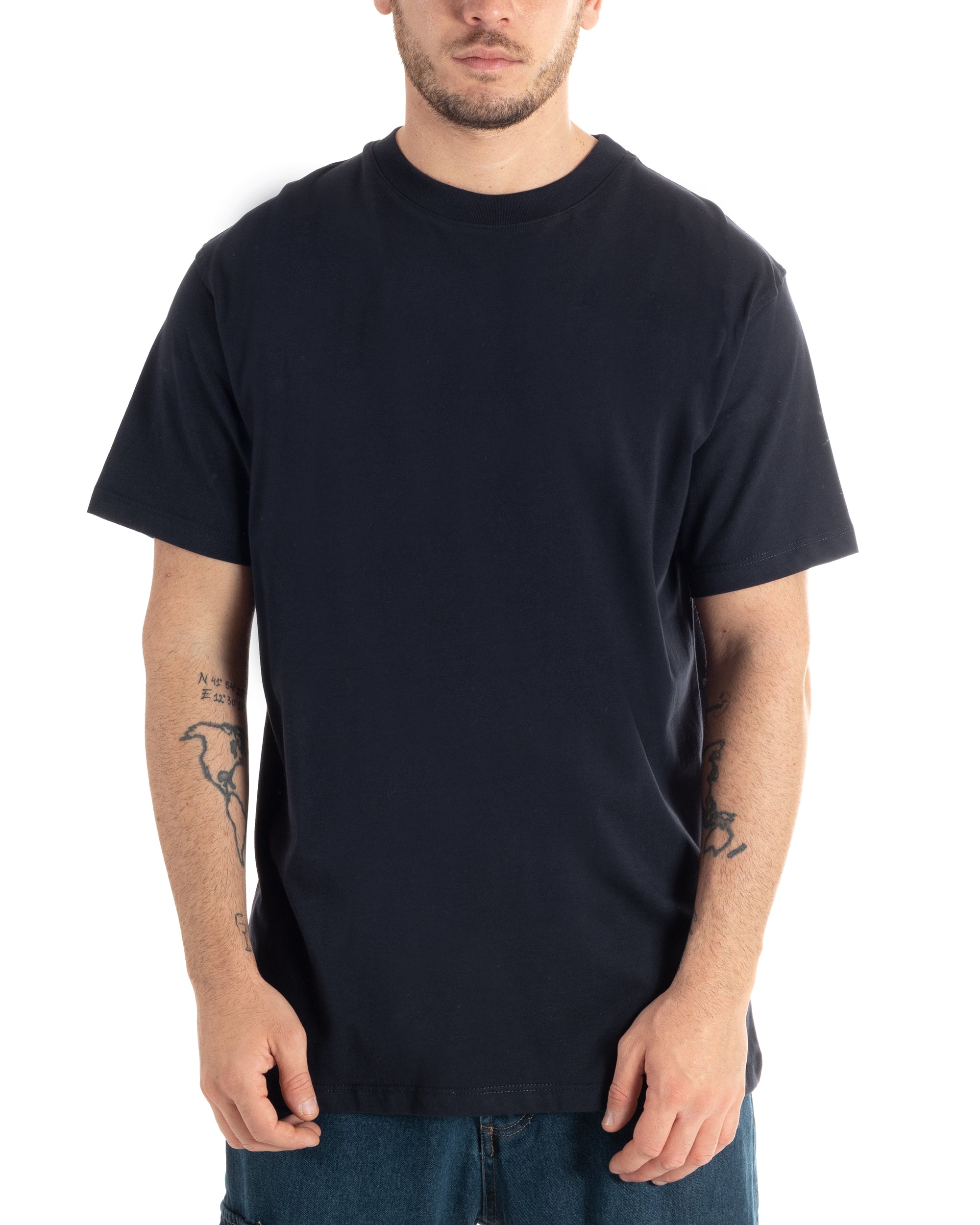 T-shirt Uomo Cotone Basic Tinta Unita Blu Girocollo Casual Gola Alta GIOSAL-TS2981A