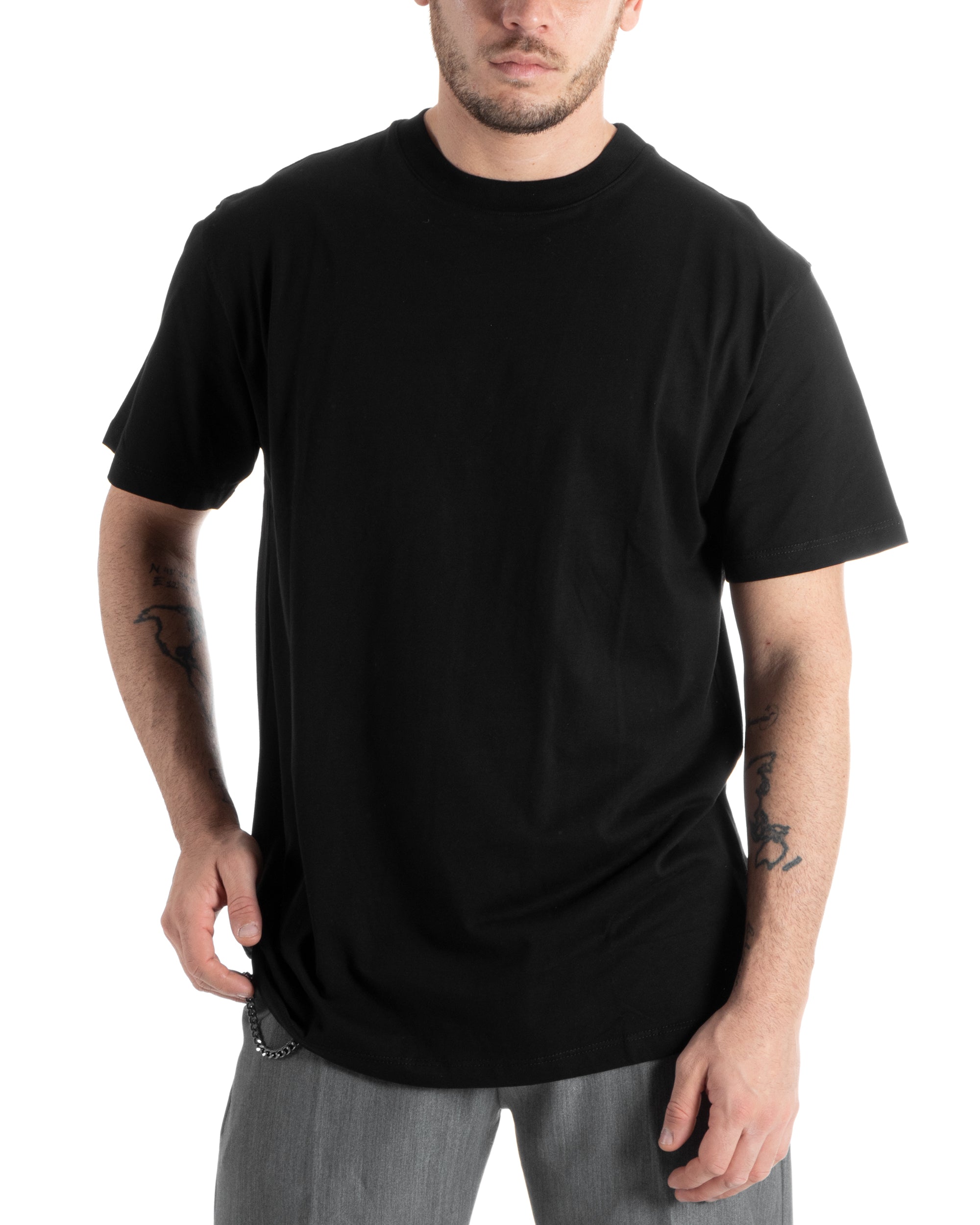 T-shirt Uomo Cotone Basic Tinta Unita Nero Girocollo Casual Gola Alta GIOSAL-TS2983A