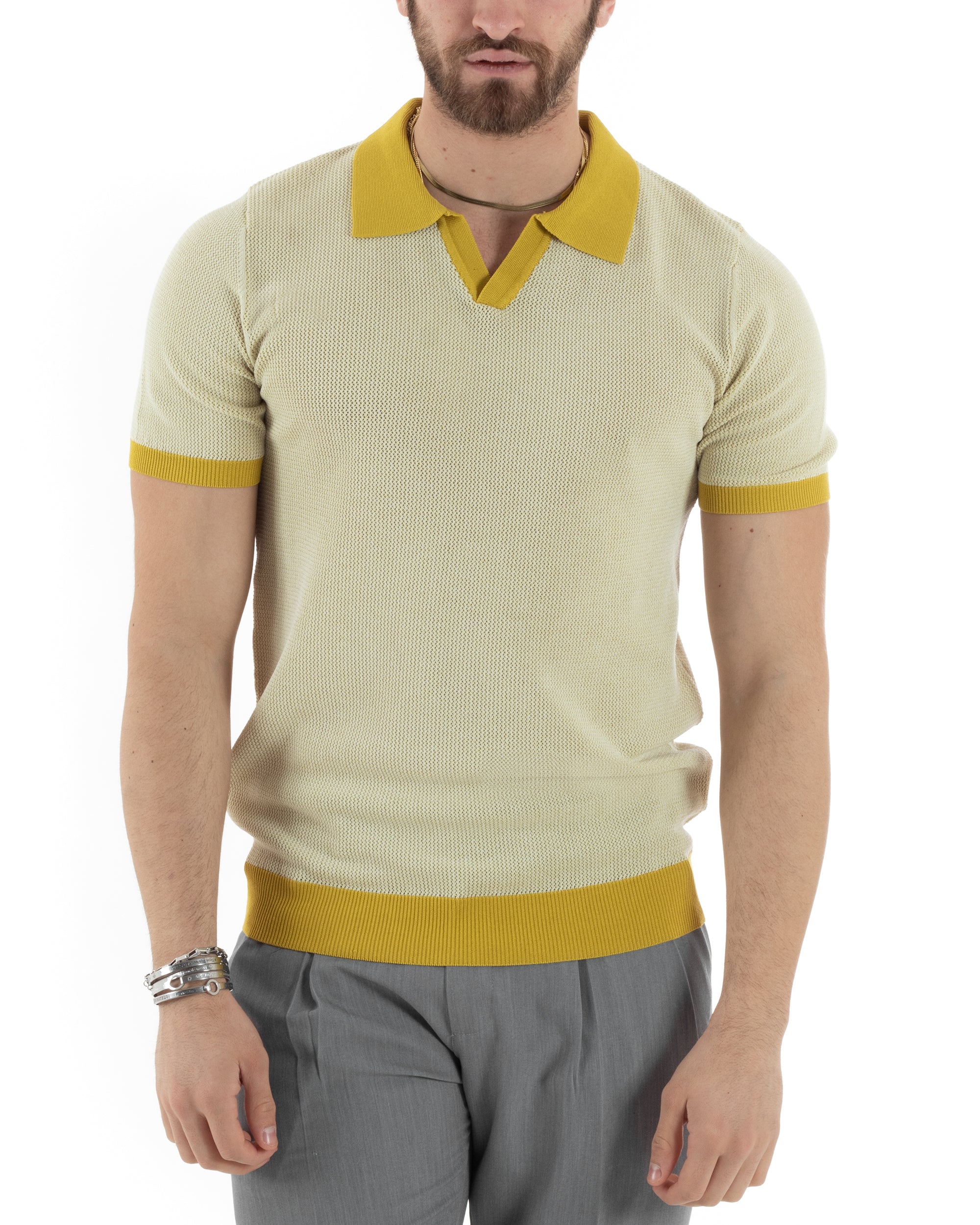 T-Shirt Uomo Maglia In Filo Maglia Con Colletto Polo Scollo V Casual Basic Giallo GIOSAL-TS2986A