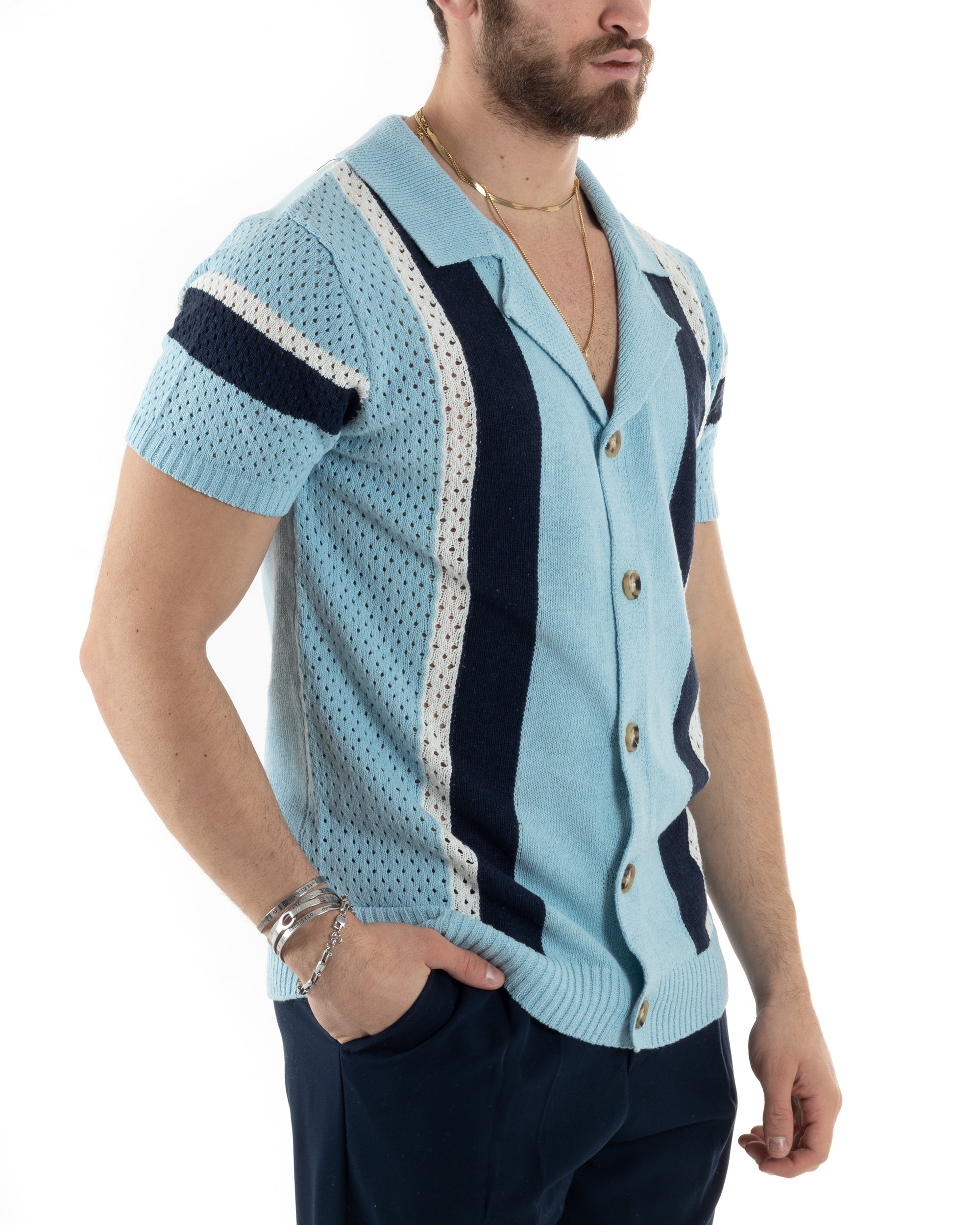 T-shirt Uomo Maglia Polo Traforata Ricamata Cardigan Manica Corta Con Bottoni Celeste Casual GIOSAL-TS2989A