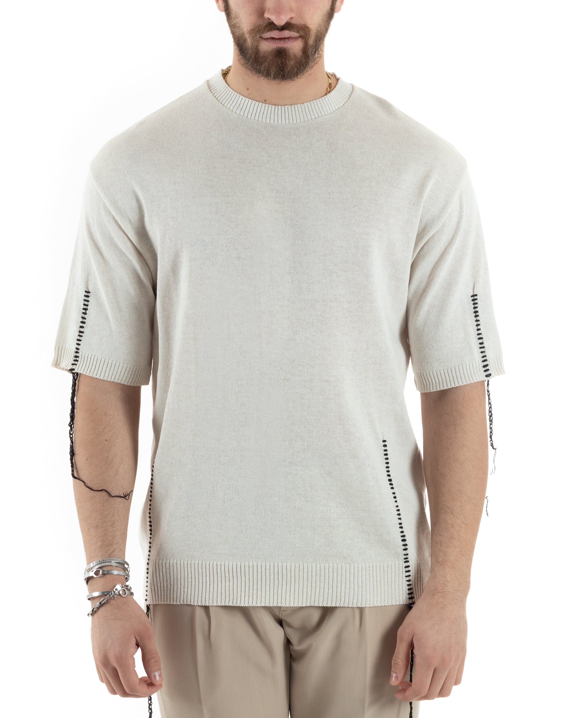 T-Shirt Uomo Girocollo Maglia In Filo Tinta Unita Beige GIOSAL-TS2990A