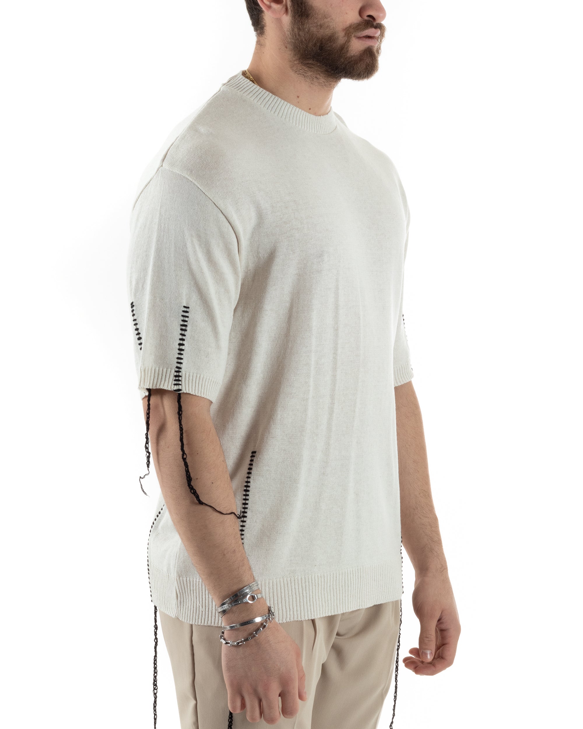 T-Shirt Uomo Girocollo Maglia In Filo Tinta Unita Beige GIOSAL-TS2990A