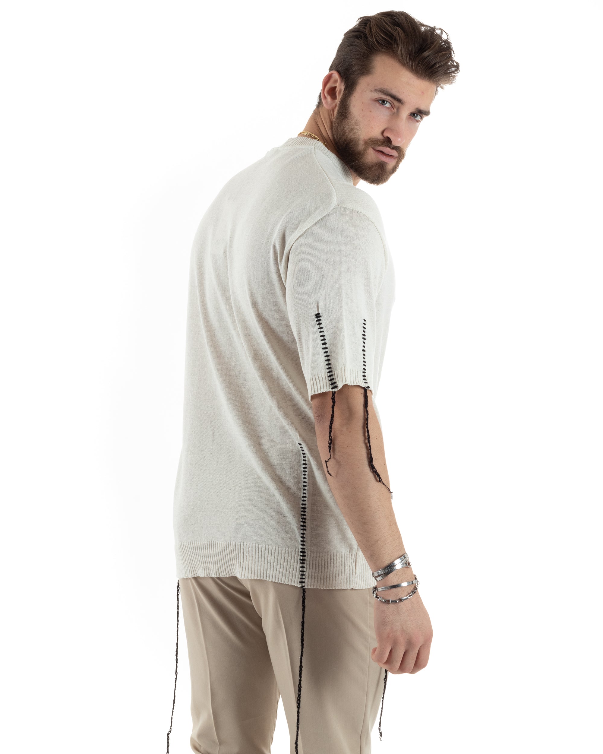 T-Shirt Uomo Girocollo Maglia In Filo Tinta Unita Beige GIOSAL-TS2990A