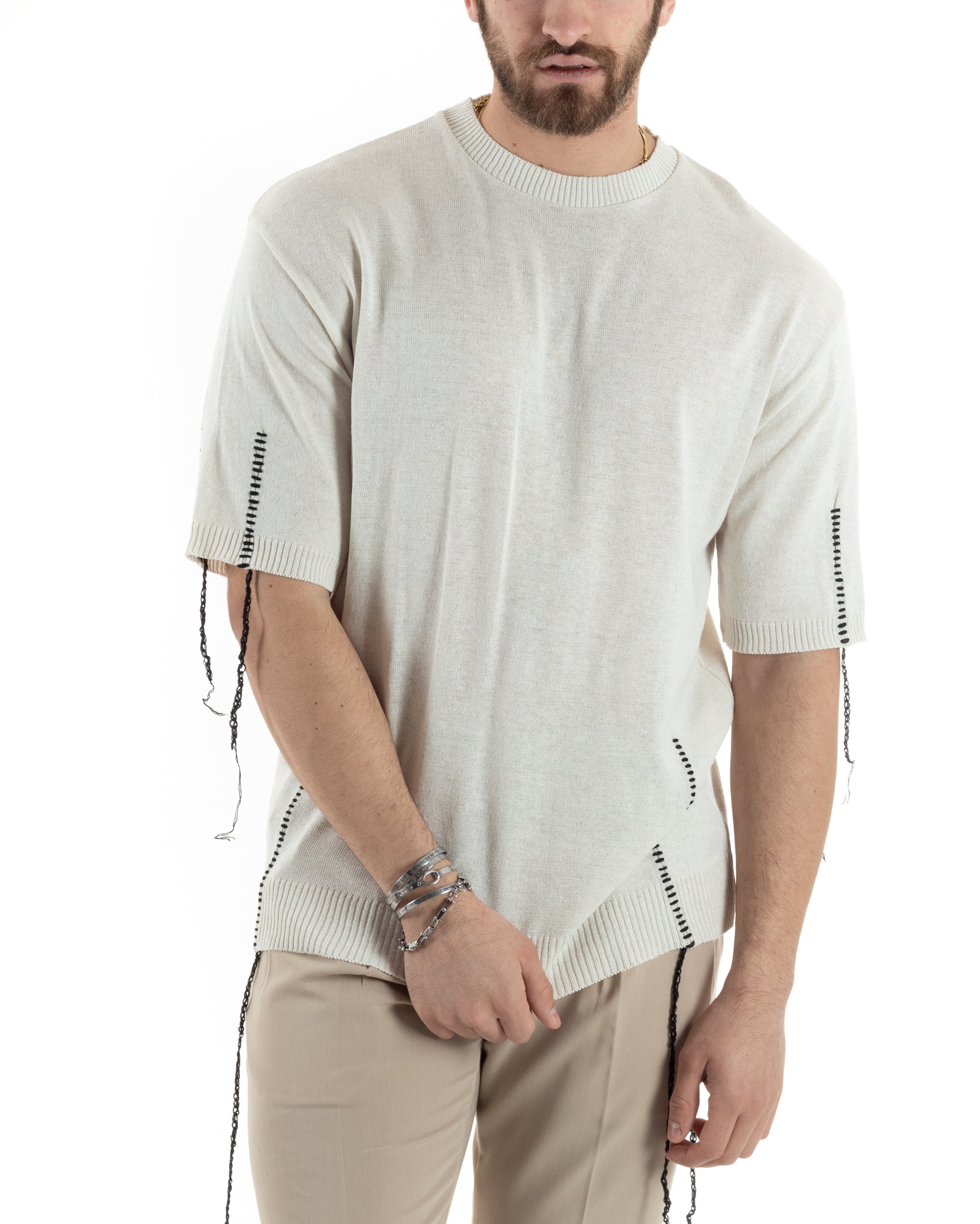 T-Shirt Uomo Girocollo Maglia In Filo Tinta Unita Beige GIOSAL-TS2990A