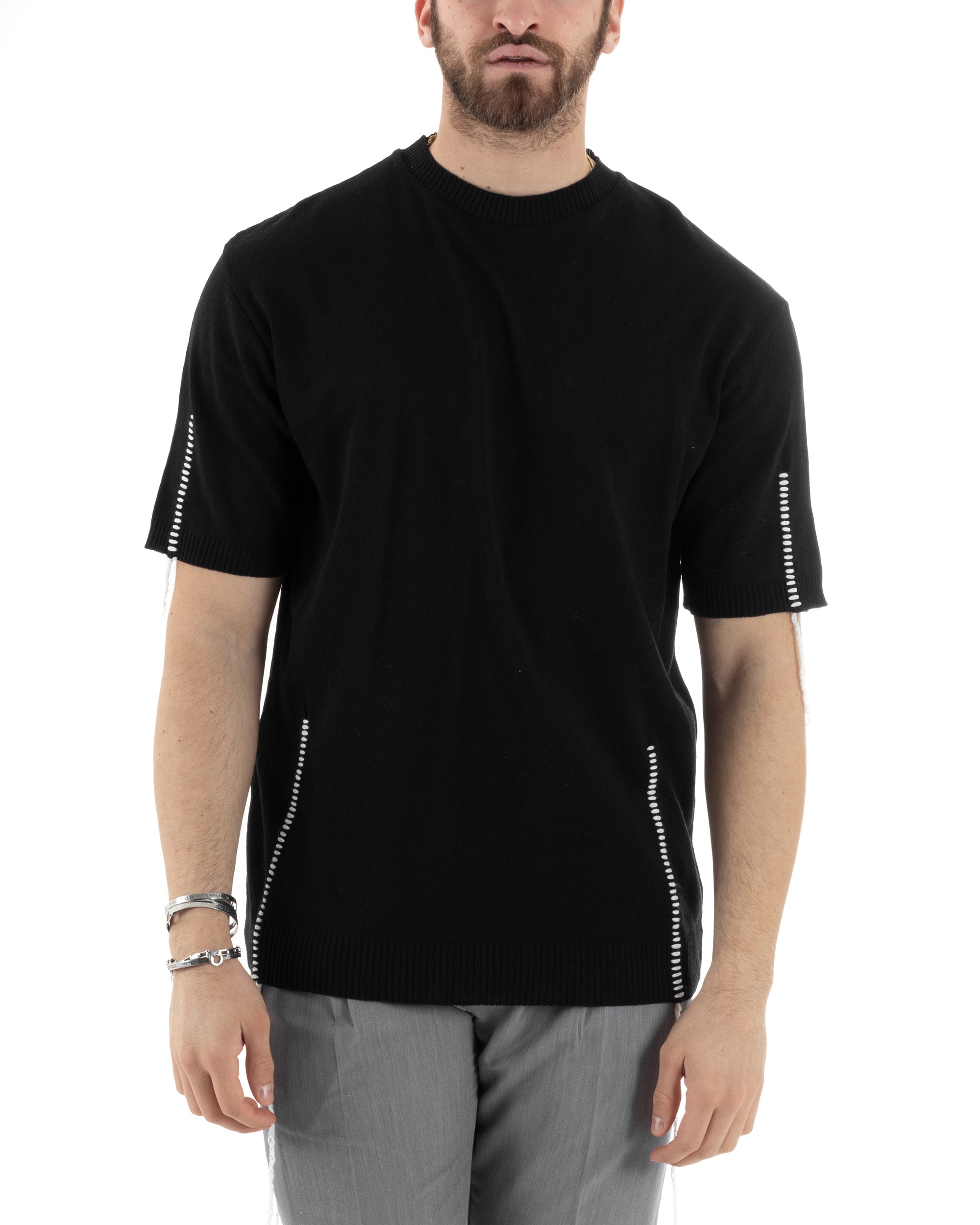 T-Shirt Uomo Girocollo Maglia In Filo Tinta Unita Nero GIOSAL-TS2991A