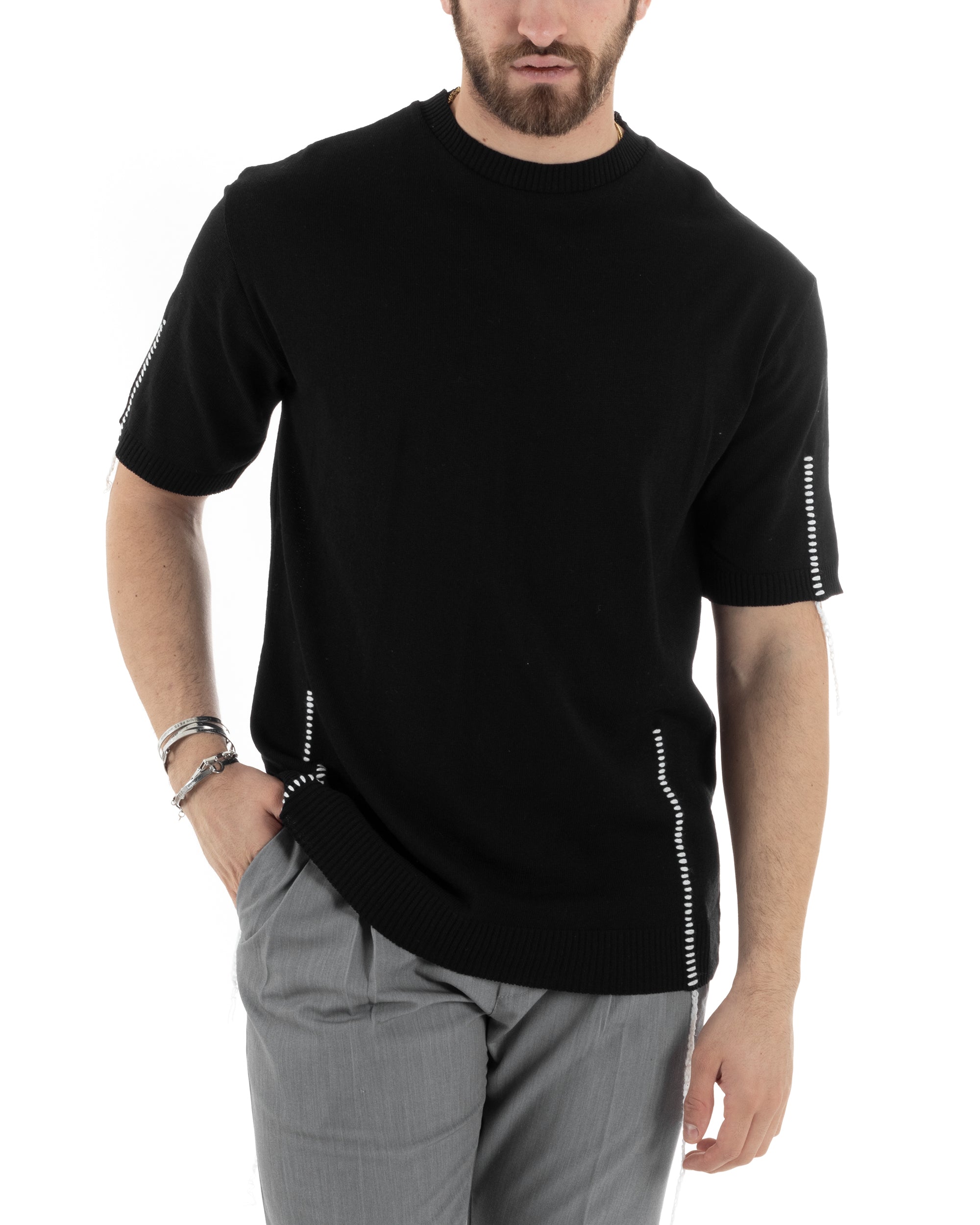T-Shirt Uomo Girocollo Maglia In Filo Tinta Unita Nero GIOSAL-TS2991A