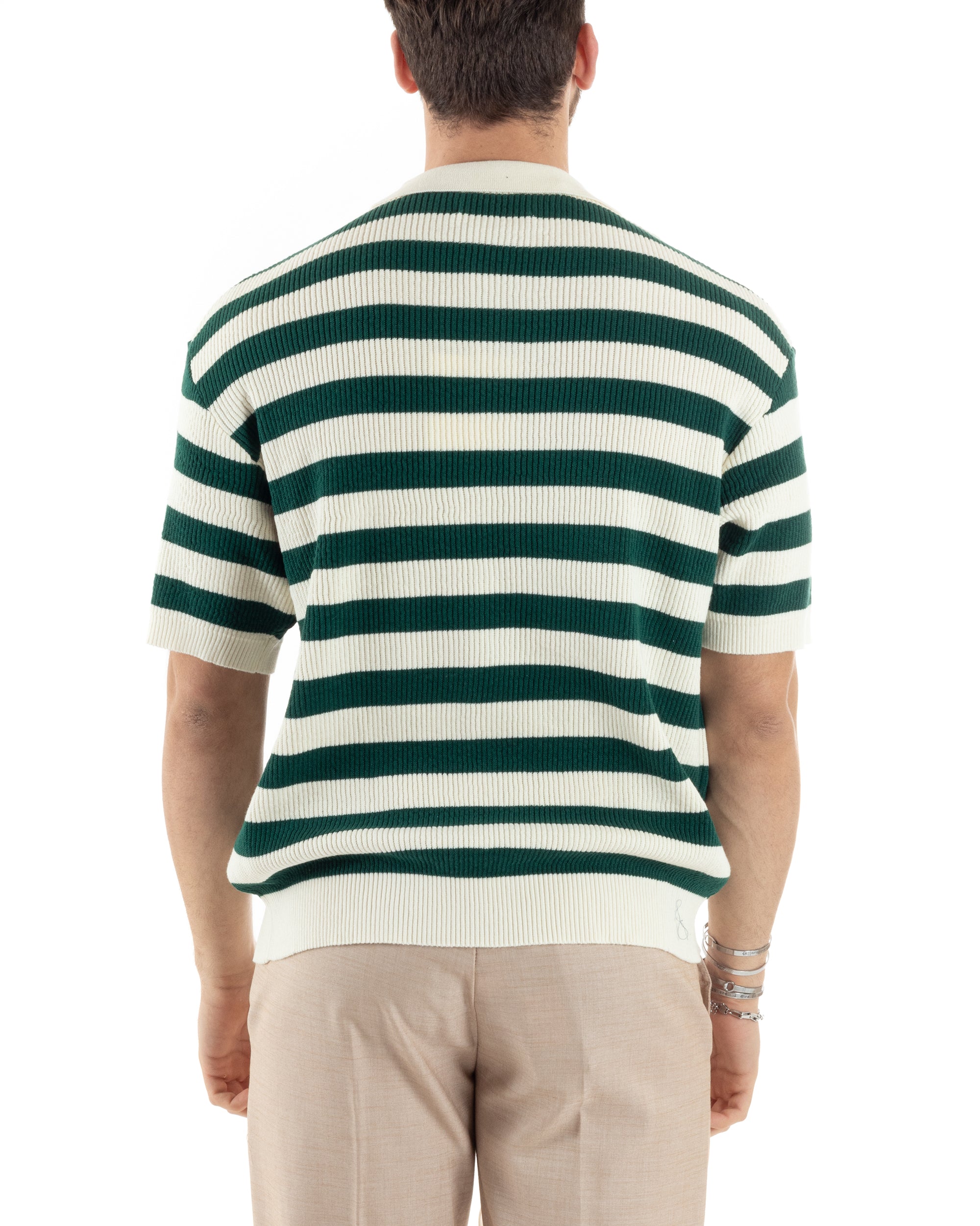 T-Shirt Uomo Maglia In Filo Rigata Verde Maglia Con Colletto Polo Scollo V Casual GIOSAL-TS2993A