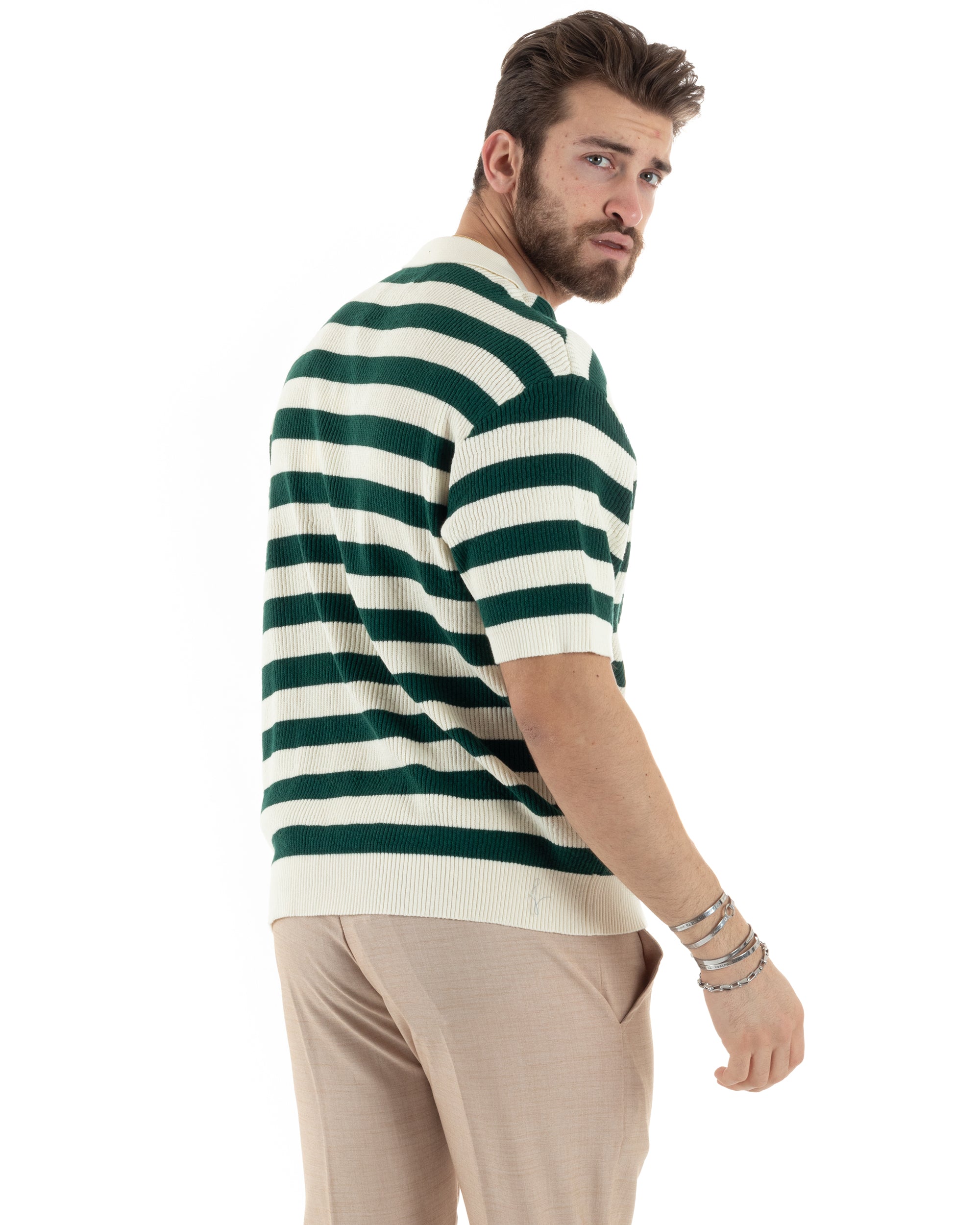 T-Shirt Uomo Maglia In Filo Rigata Verde Maglia Con Colletto Polo Scollo V Casual GIOSAL-TS2993A