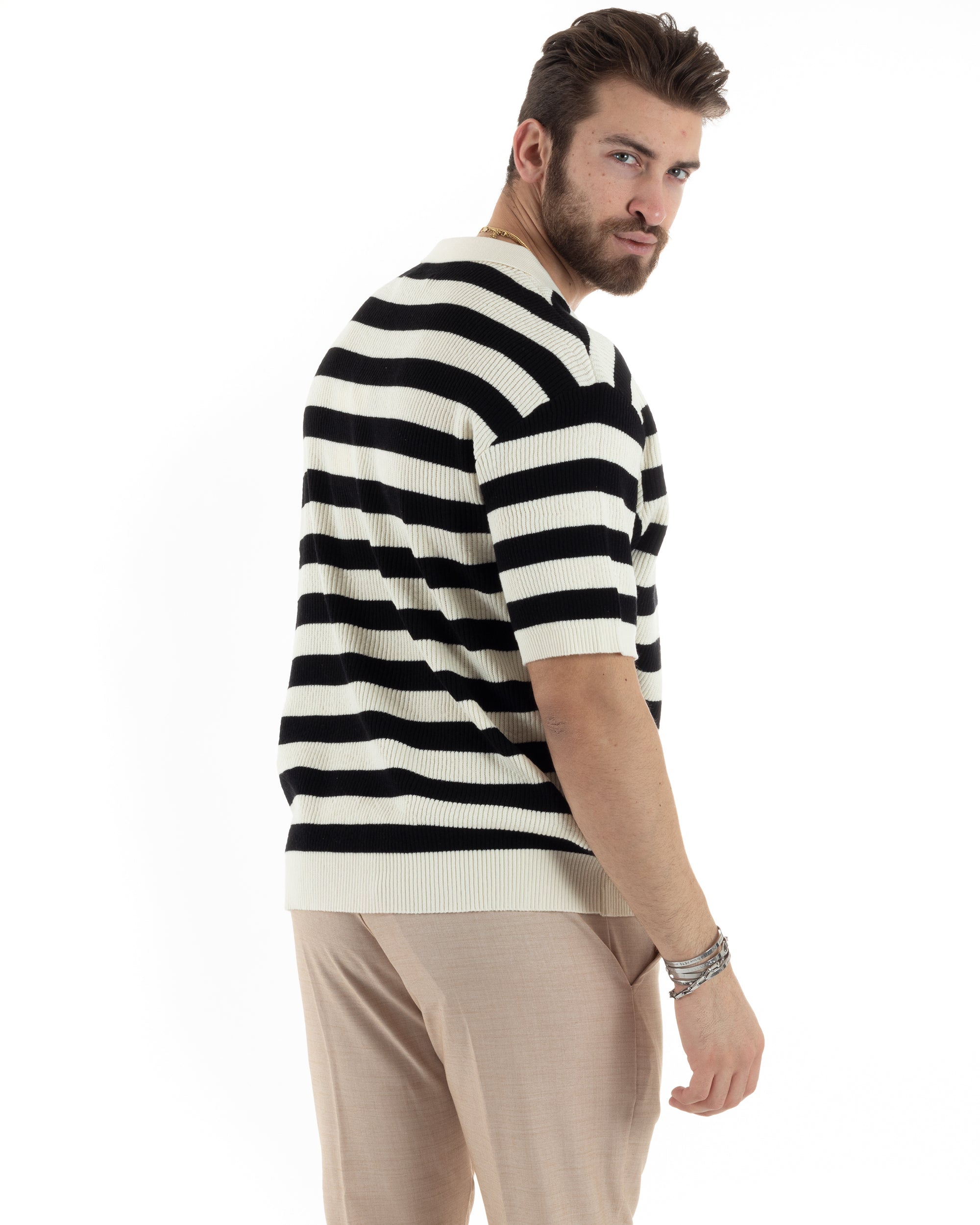 T-Shirt Uomo Maglia In Filo Rigata Nero Maglia Con Colletto Polo Scollo V Casual GIOSAL-TS2994A