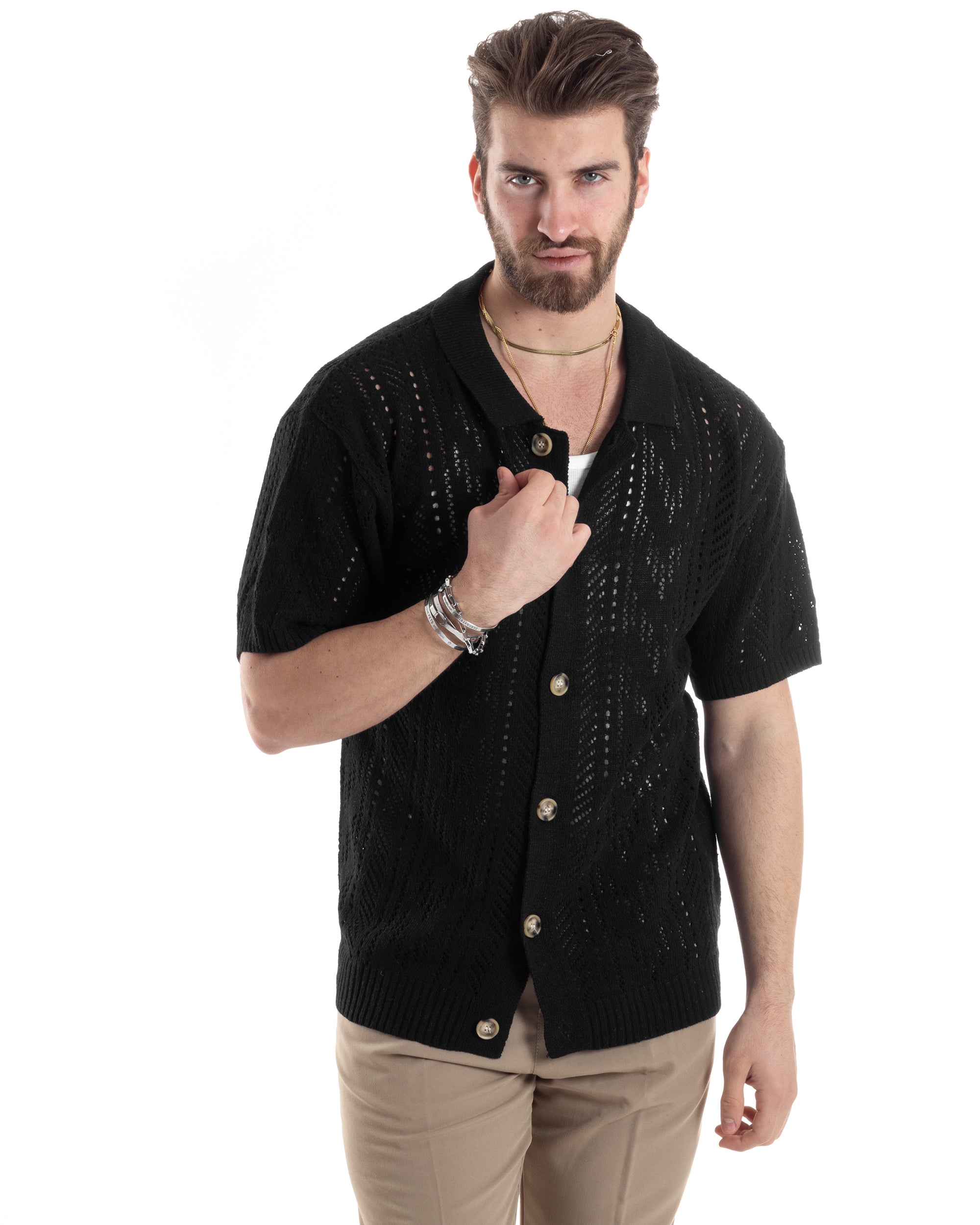 T-shirt Uomo Maglia Polo Traforata Ricamata Cardigan Manica Corta Con Bottoni Nero Casual GIOSAL-TS2996A