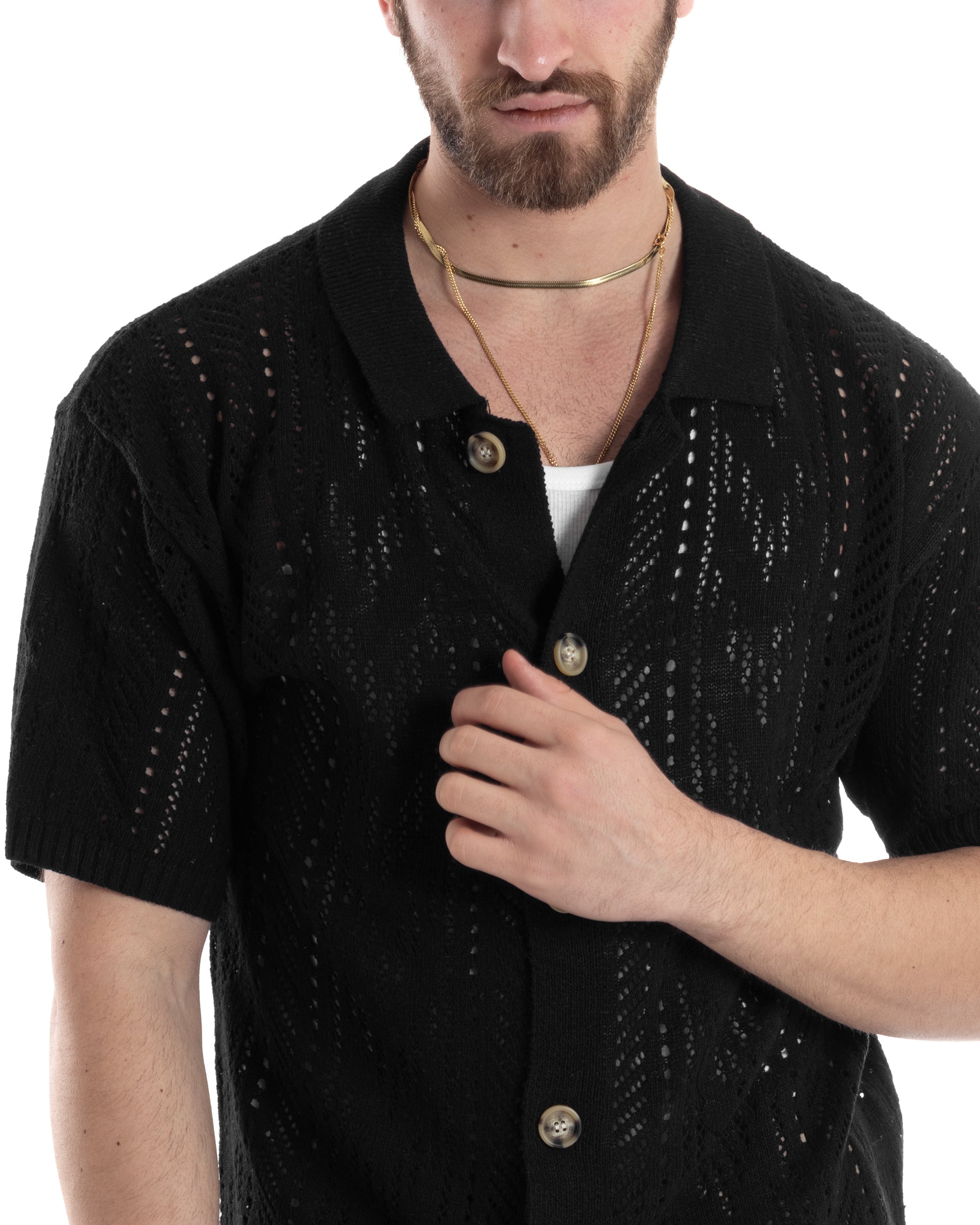 T-shirt Uomo Maglia Polo Traforata Ricamata Cardigan Manica Corta Con Bottoni Nero Casual GIOSAL-TS2996A