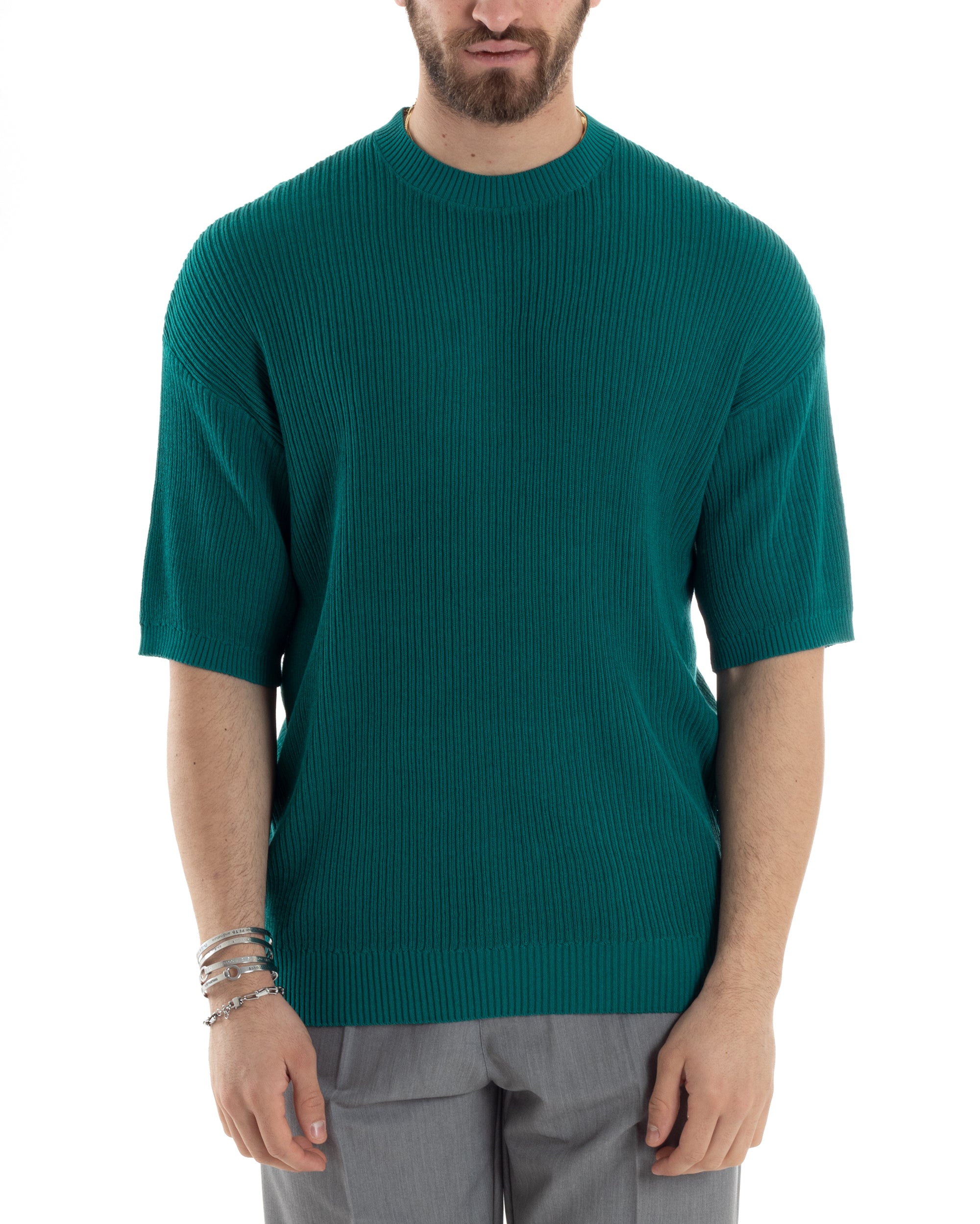 T-shirt Uomo Maglia In Filo A Costine Manica Corta Basic Oversize Petrolio Casual GIOSAL-TS2998A