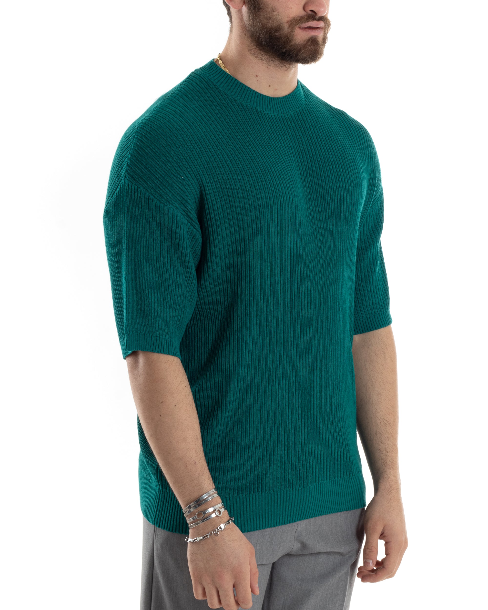 T-shirt Uomo Maglia In Filo A Costine Manica Corta Basic Oversize Petrolio Casual GIOSAL-TS2998A