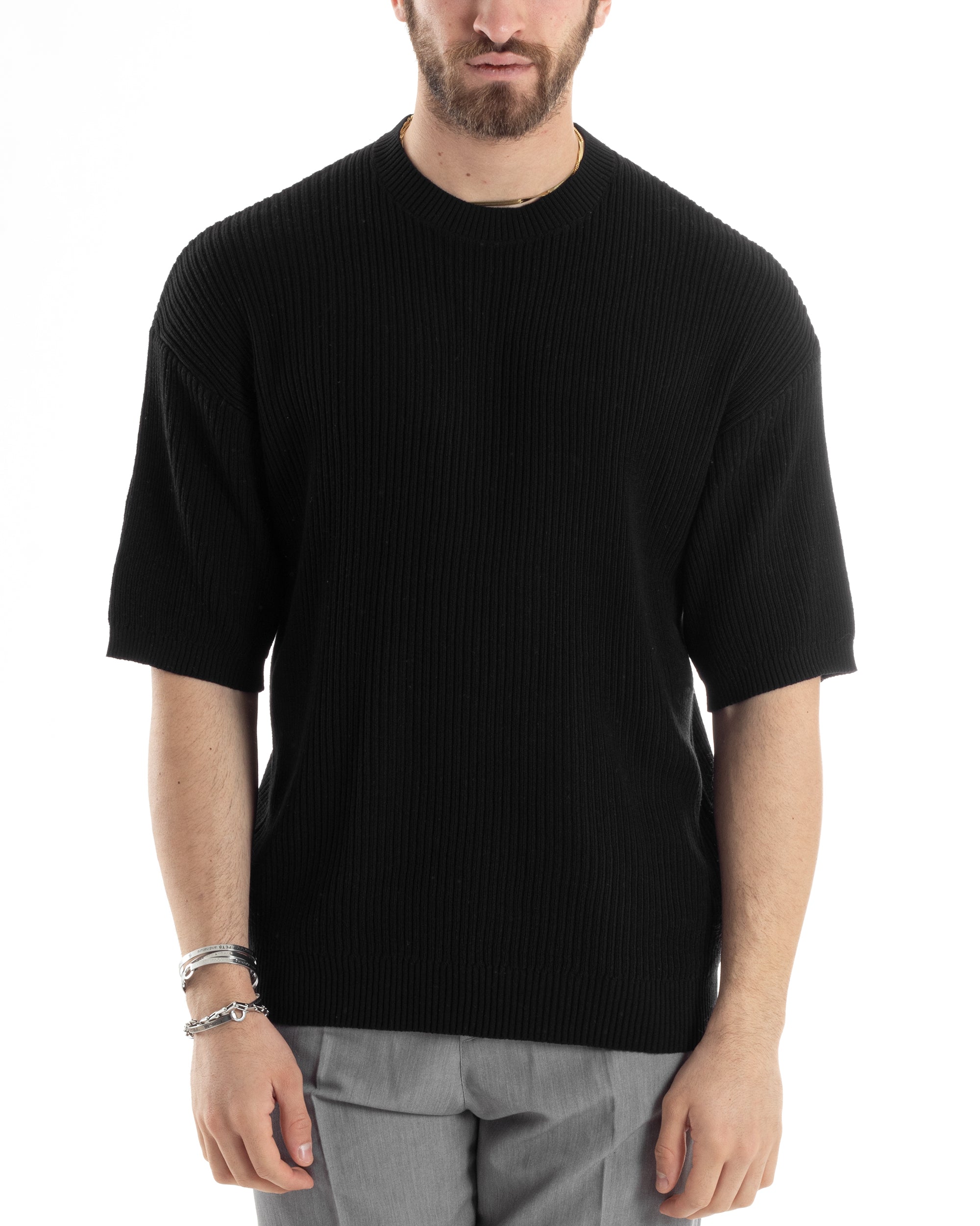 T-shirt Uomo Maglia In Filo A Costine Maniche Corte Basic Oversize Nero Casual GIOSAL-TS2999A