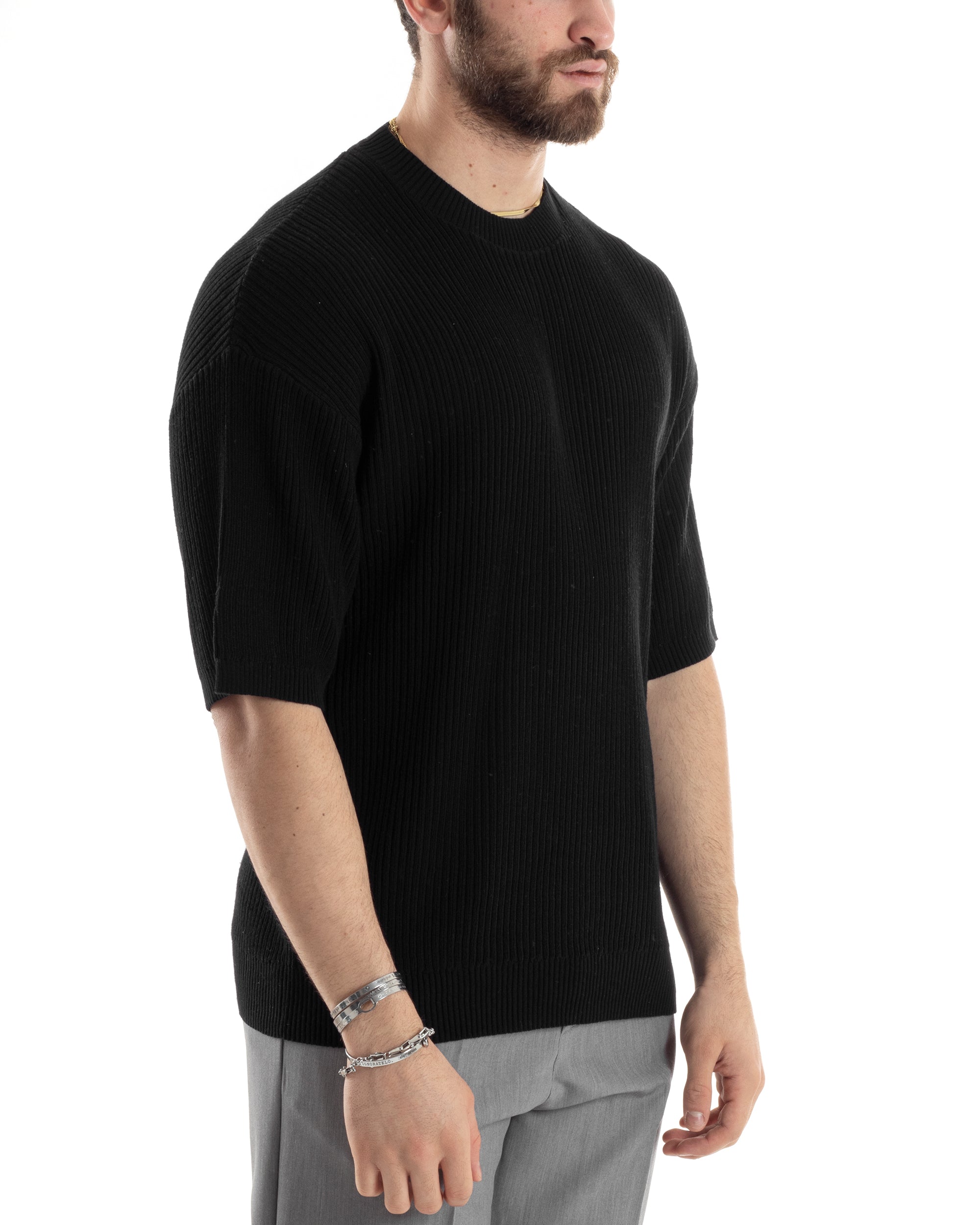 T-shirt Uomo Maglia In Filo A Costine Maniche Corte Basic Oversize Nero Casual GIOSAL-TS2999A
