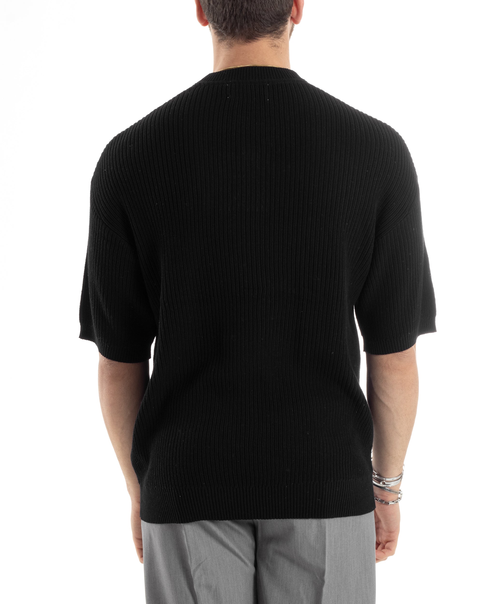 T-shirt Uomo Maglia In Filo A Costine Maniche Corte Basic Oversize Nero Casual GIOSAL-TS2999A