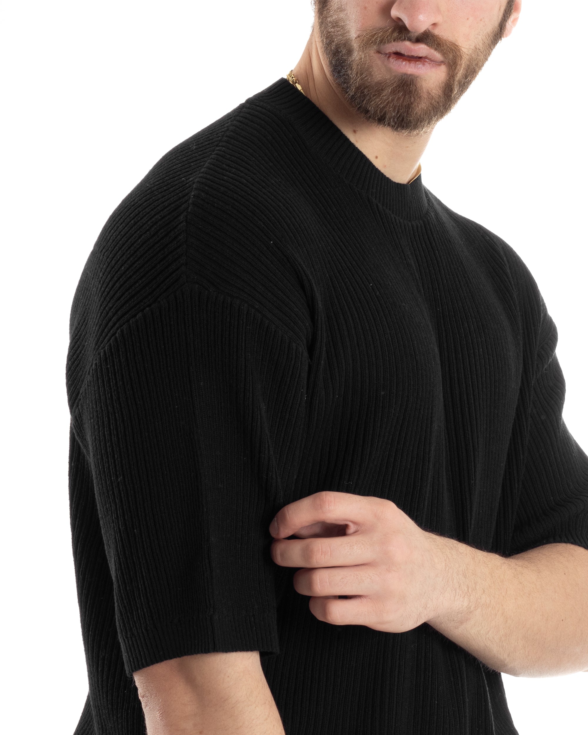 T-shirt Uomo Maglia In Filo A Costine Maniche Corte Basic Oversize Nero Casual GIOSAL-TS2999A