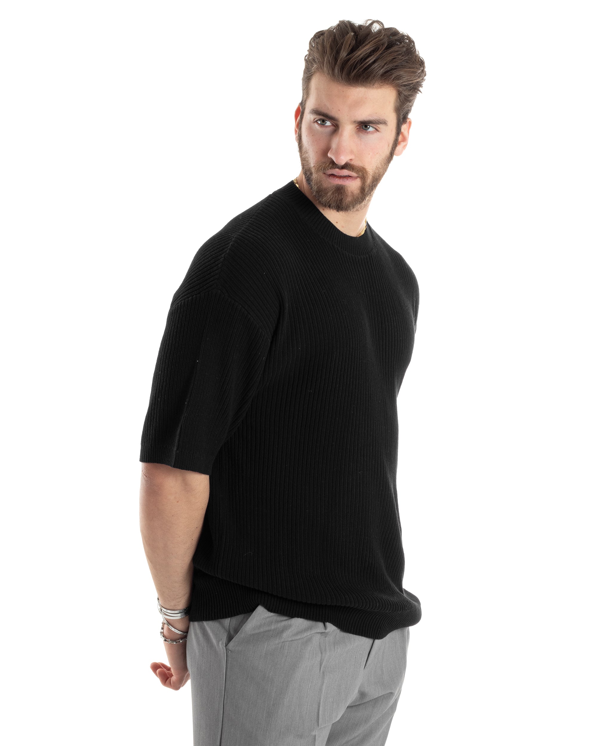T-shirt Uomo Maglia In Filo A Costine Maniche Corte Basic Oversize Nero Casual GIOSAL-TS2999A