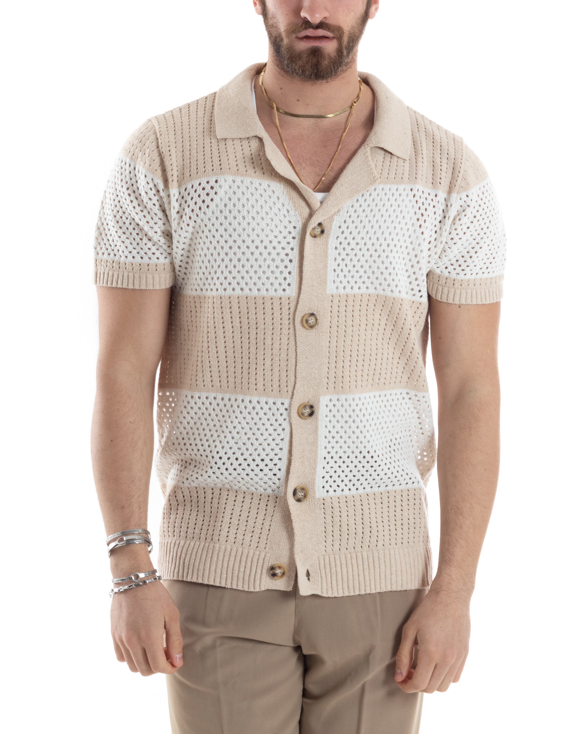 T-shirt Uomo Maglia Polo Traforata Ricamata Cardigan Manica Corta Con Bottoni A Righe Beige Casual GIOSAL-TS3002A