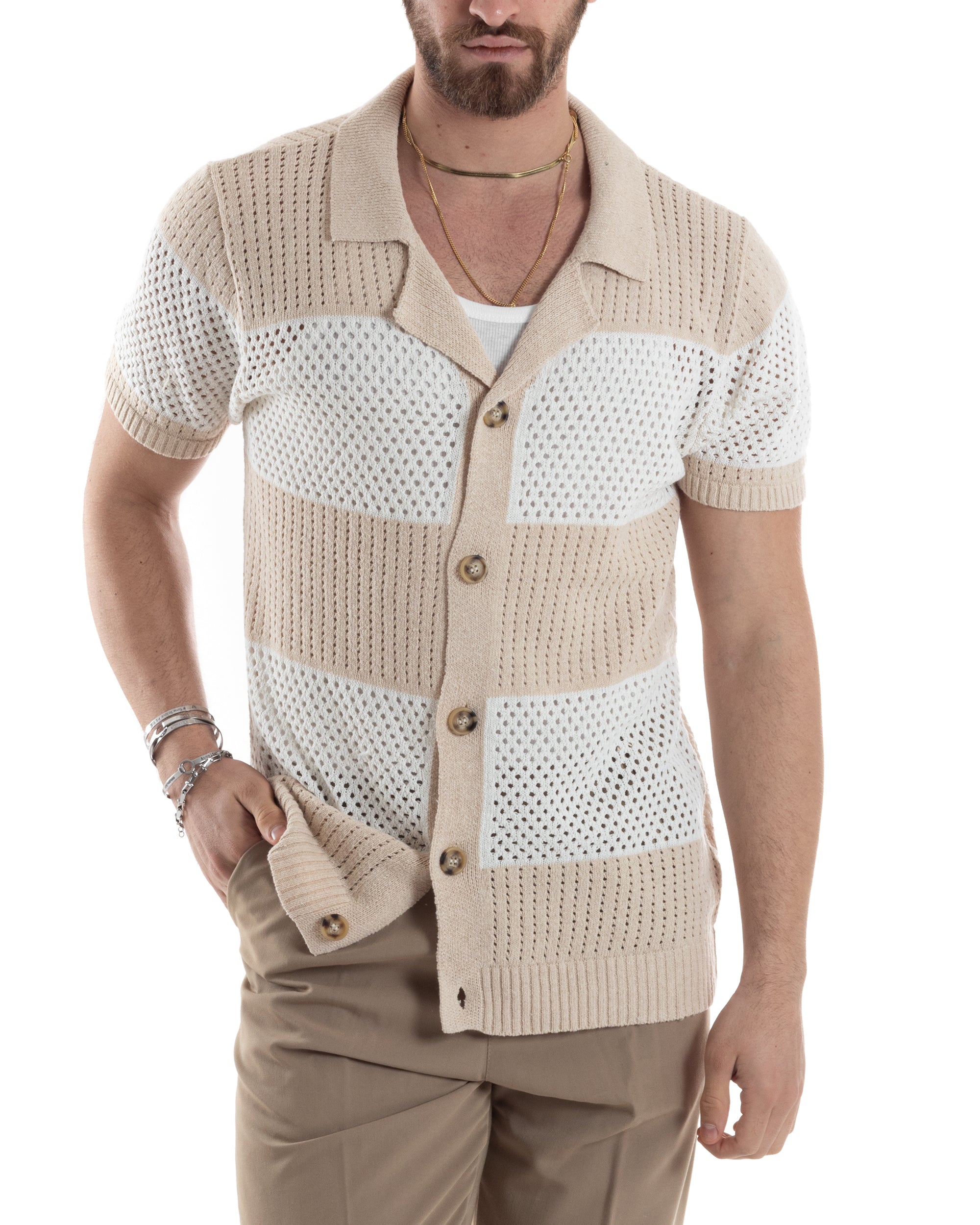 T-shirt Uomo Maglia Polo Traforata Ricamata Cardigan Manica Corta Con Bottoni A Righe Beige Casual GIOSAL-TS3002A