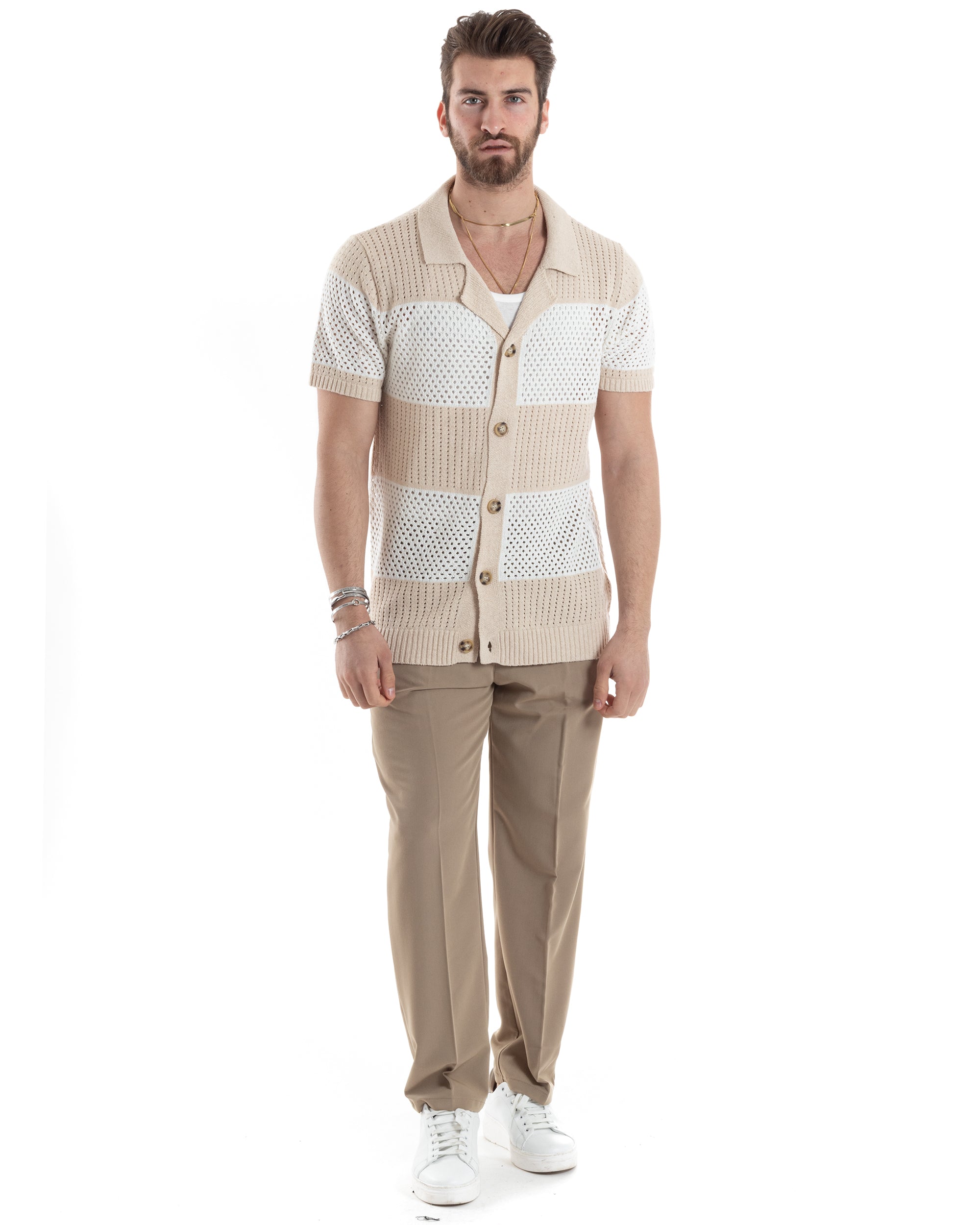 T-shirt Uomo Maglia Polo Traforata Ricamata Cardigan Manica Corta Con Bottoni A Righe Beige Casual GIOSAL-TS3002A