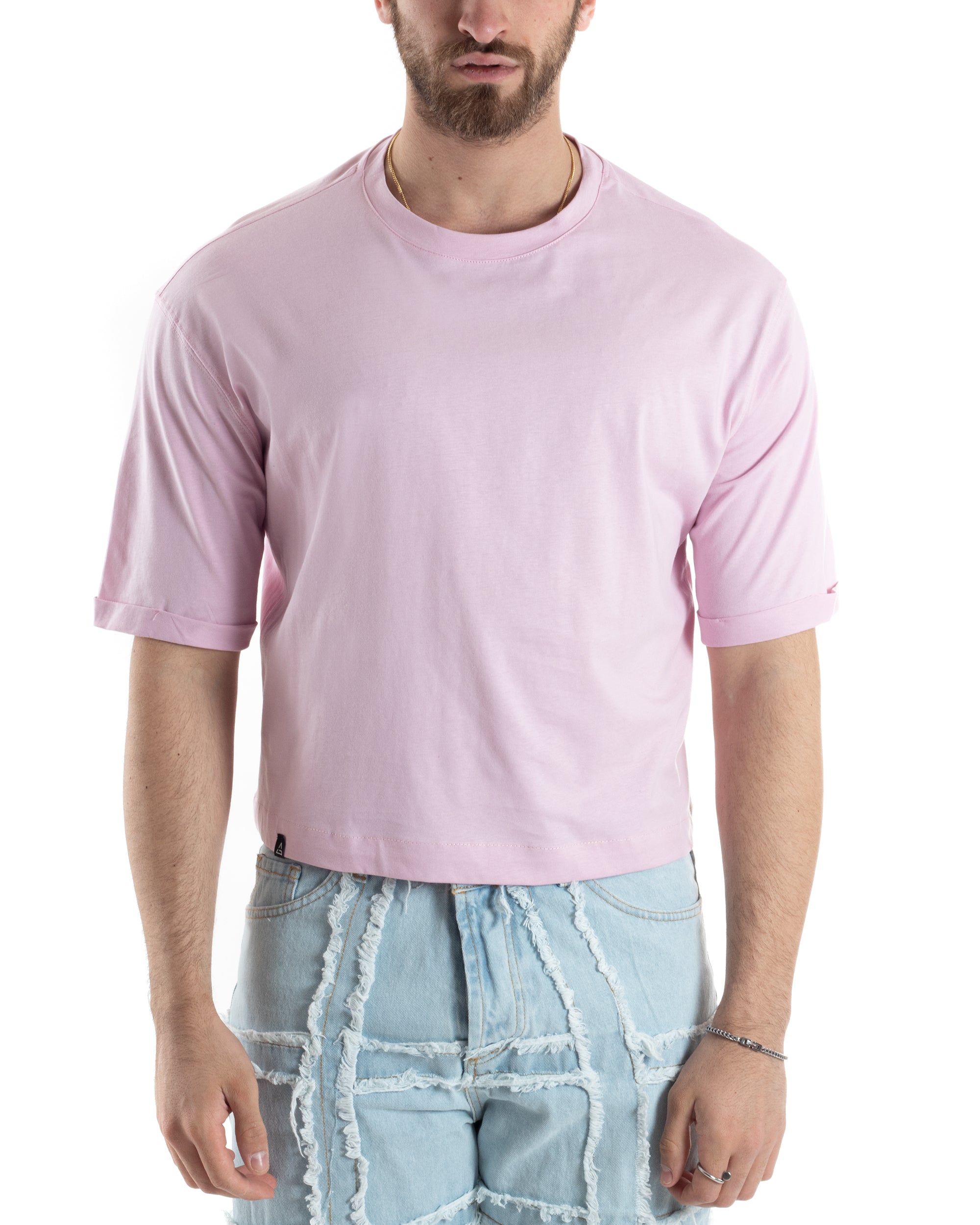 T-shirt Uomo Cropped Corta Boxy Fit Tinta Unita Rosa Casual GIOSAL-TS3