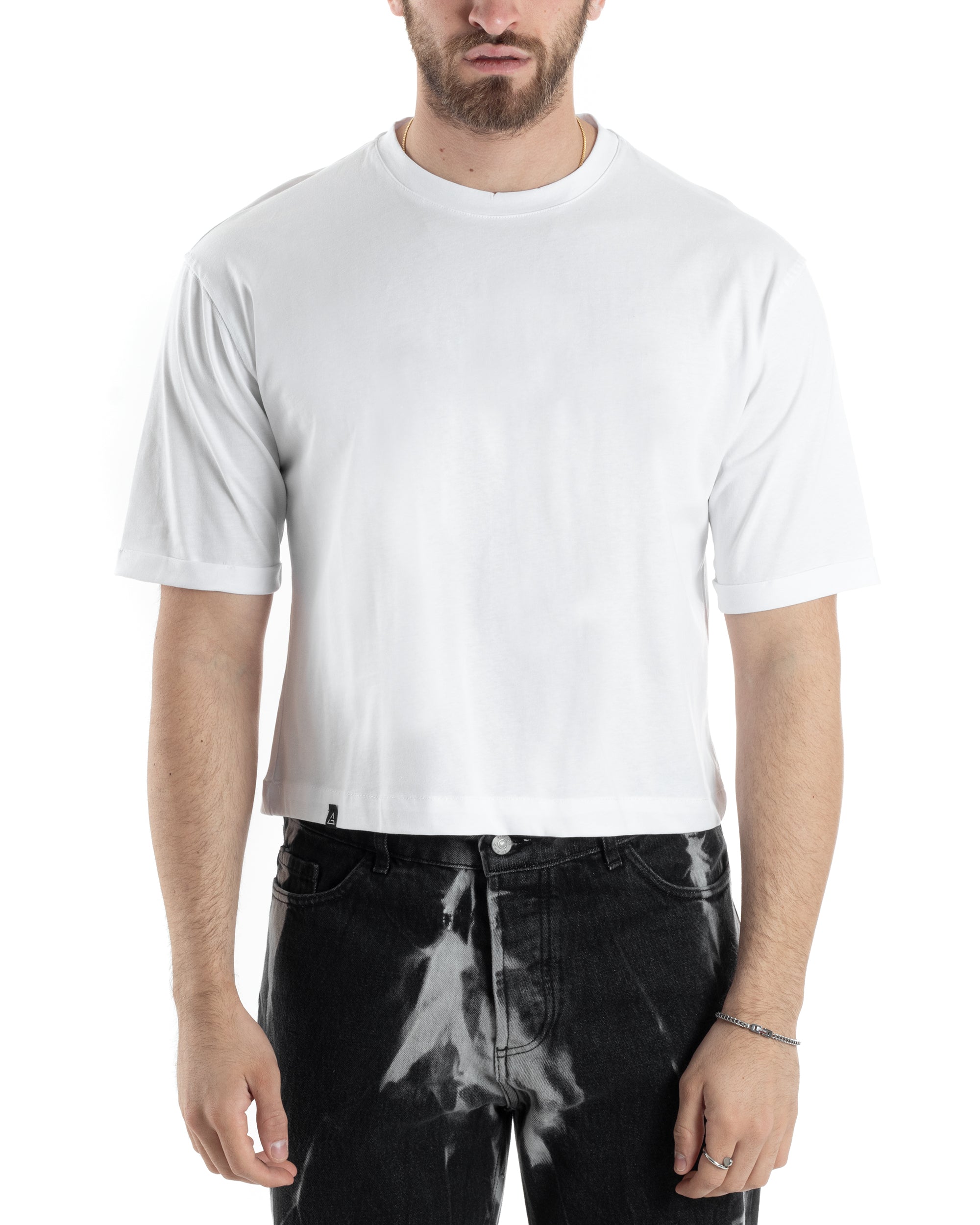 T-shirt Uomo Cropped Corta Boxy Fit Tinta Unita Bianco Casual GIOSAL-TS3004A