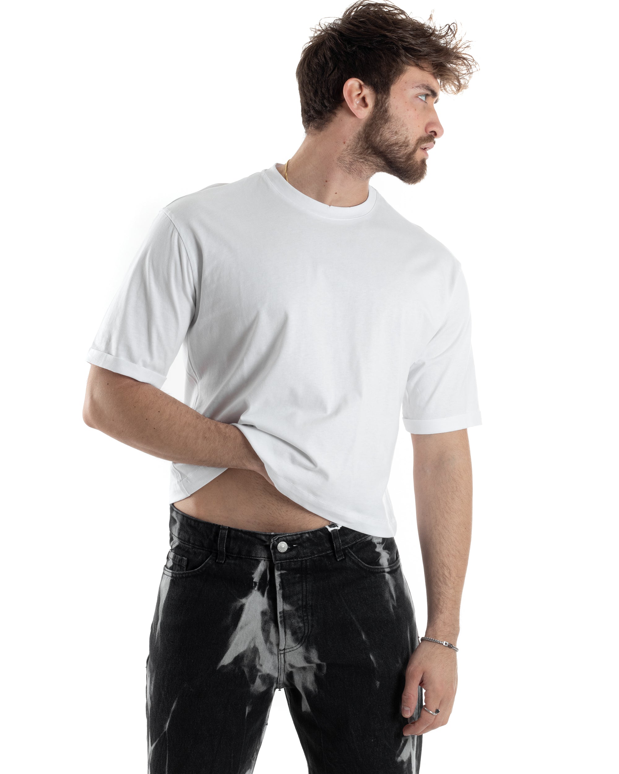 T-shirt Uomo Cropped Corta Boxy Fit Tinta Unita Bianco Casual GIOSAL-TS3004A