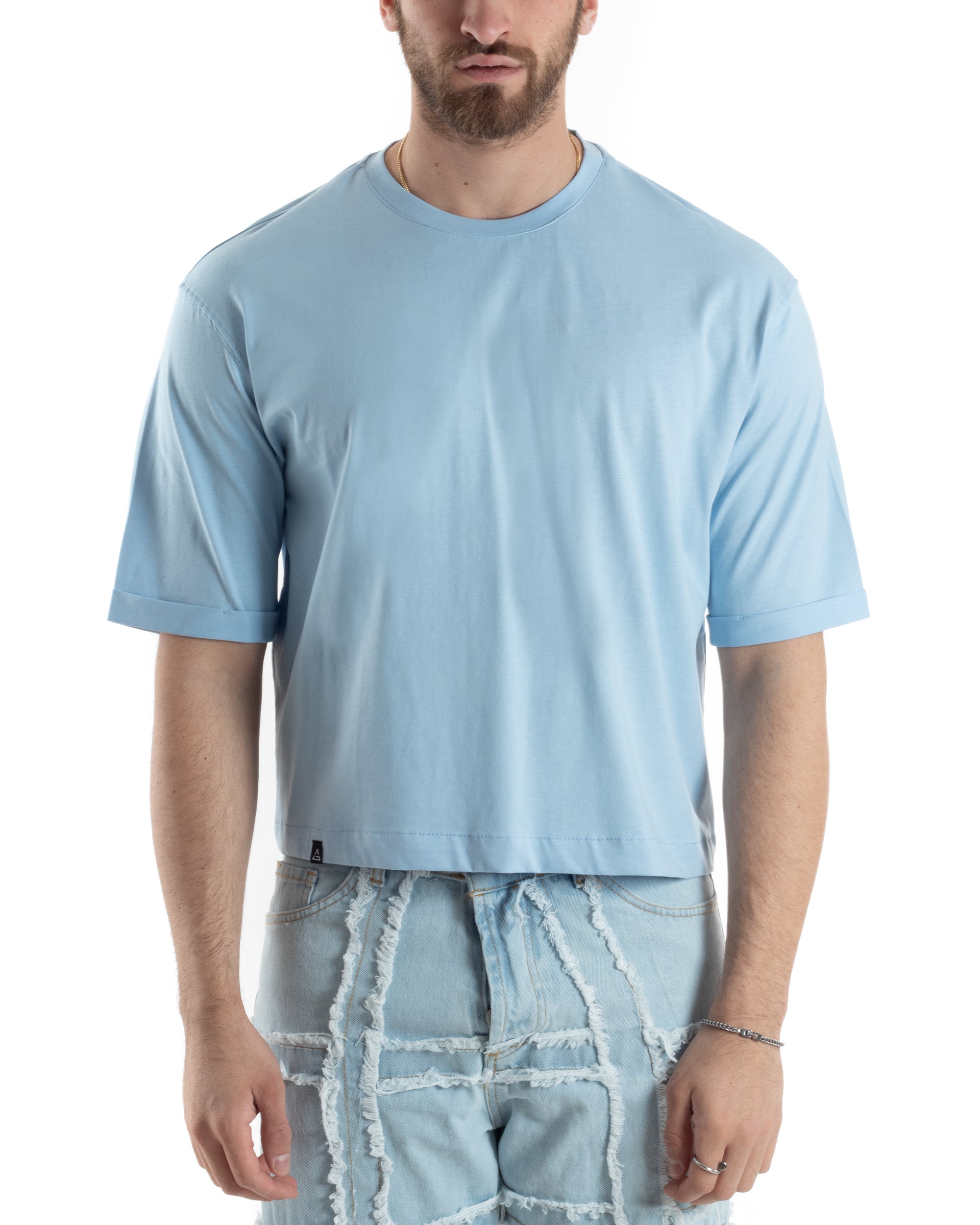 T-shirt Uomo Cropped Corta Boxy Fit Tinta Unita Celeste Casual GIOSAL-TS3006A
