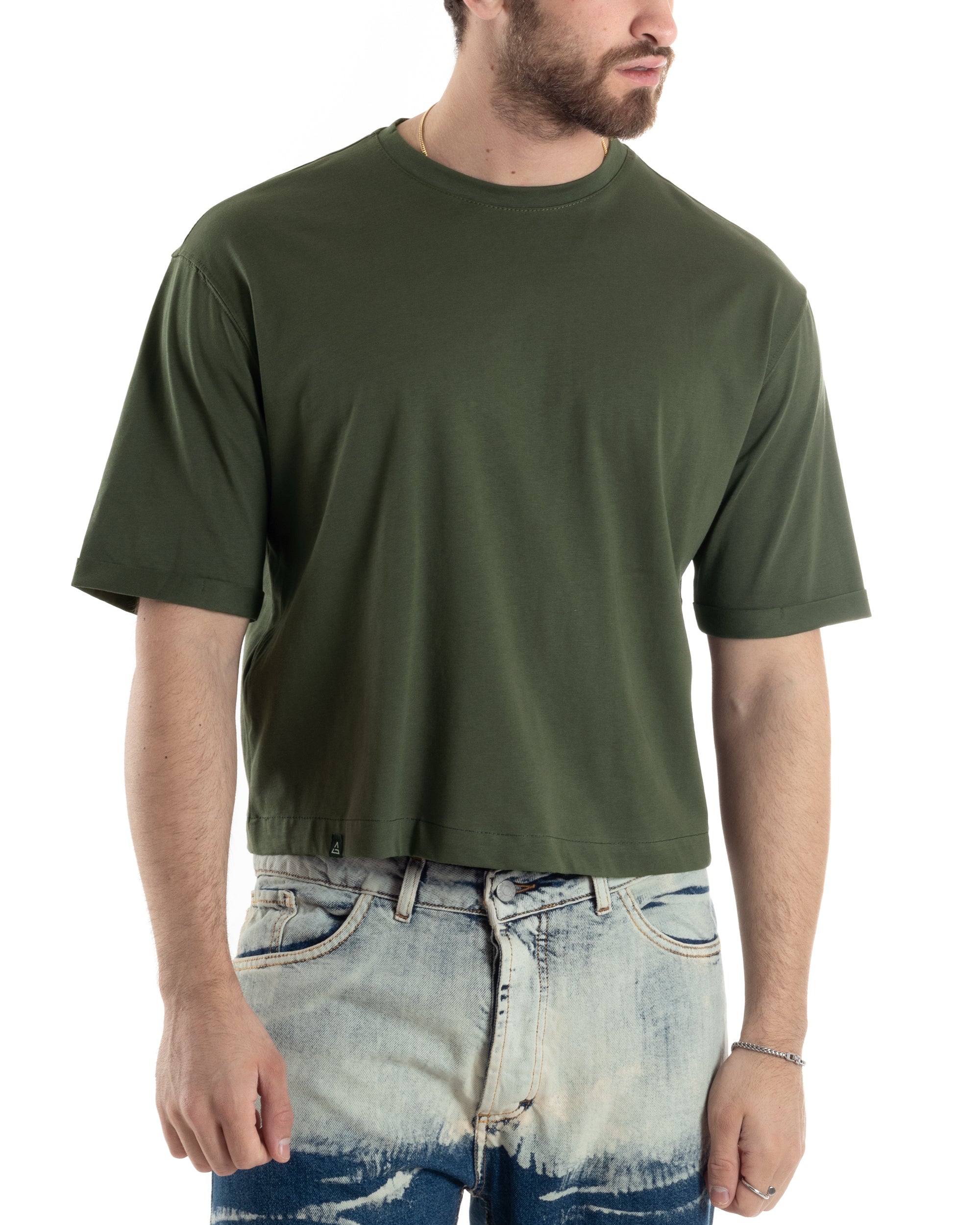 T-shirt Uomo Cropped Corta Boxy Fit Tinta Unita Verde Casual GIOSAL-TS3007A