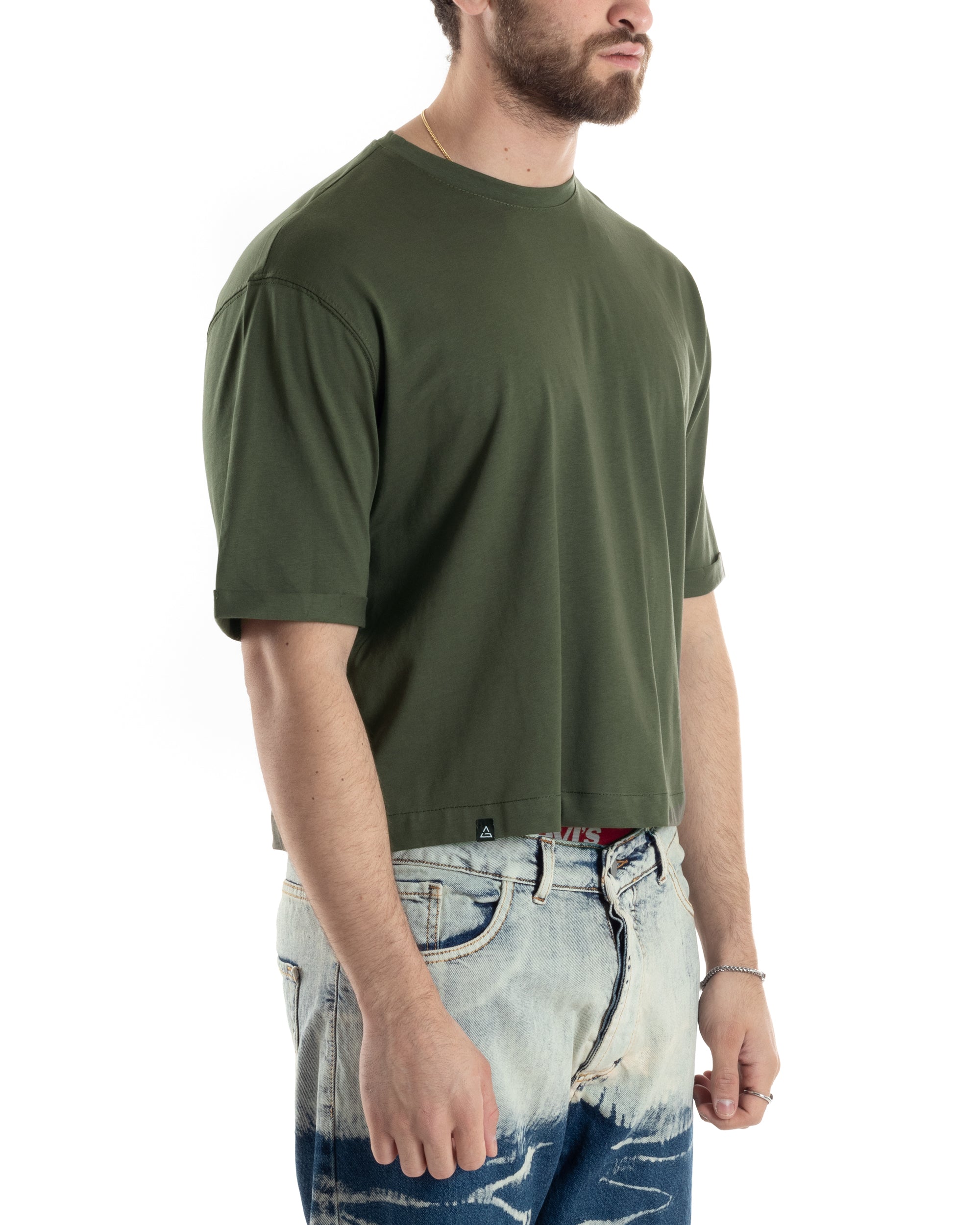 T-shirt Uomo Cropped Corta Boxy Fit Tinta Unita Verde Casual GIOSAL-TS3007A