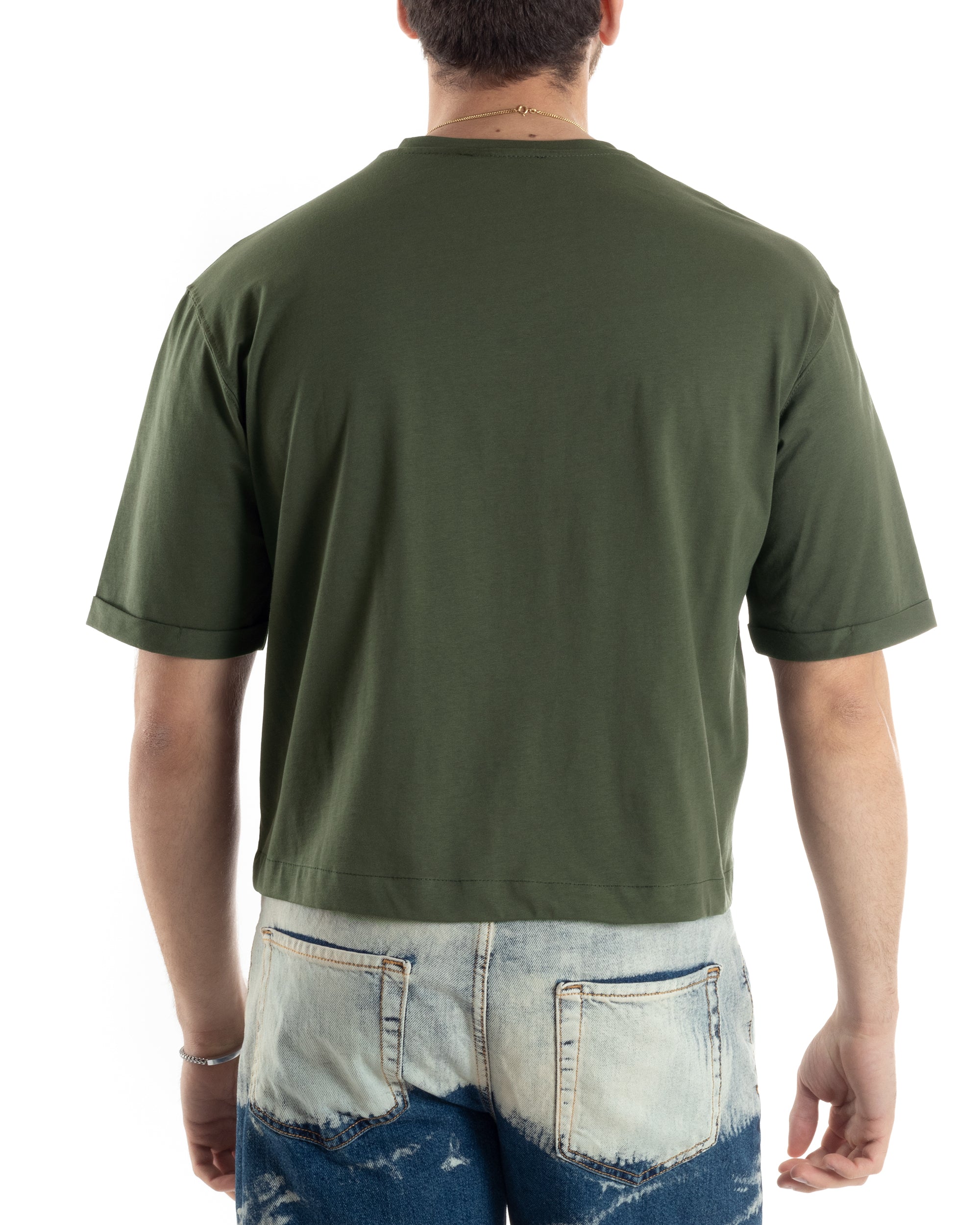 T-shirt Uomo Cropped Corta Boxy Fit Tinta Unita Verde Casual GIOSAL-TS3007A