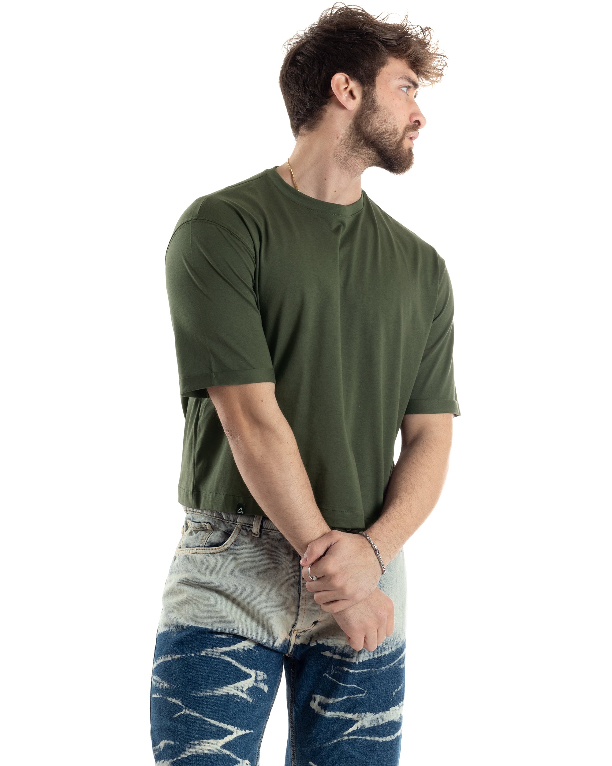 T-shirt Uomo Cropped Corta Boxy Fit Tinta Unita Verde Casual GIOSAL-TS3007A