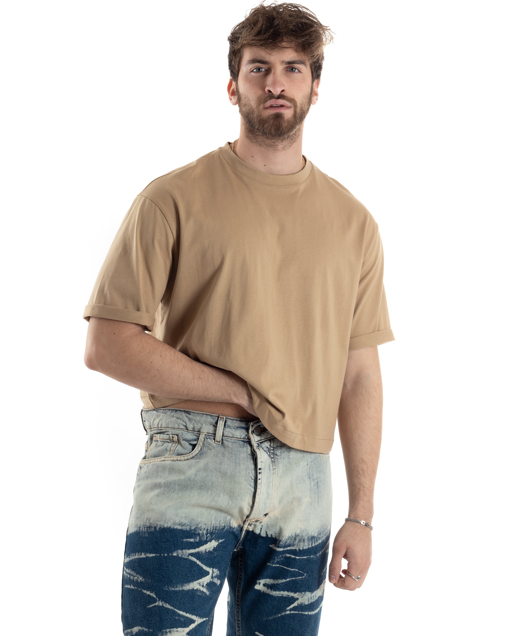 T-shirt Uomo Cropped Corta Boxy Fit Tinta Unita Camel Casual GIOSAL-TS3009A